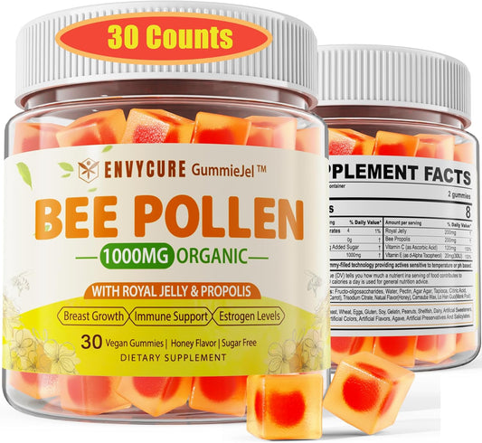 Organic Sugar-Free Bee Pollen Gummies with Propolis, Royal Jelly - 1000mg Vitamin B, Antioxidants, Amino Acids - 30 Count