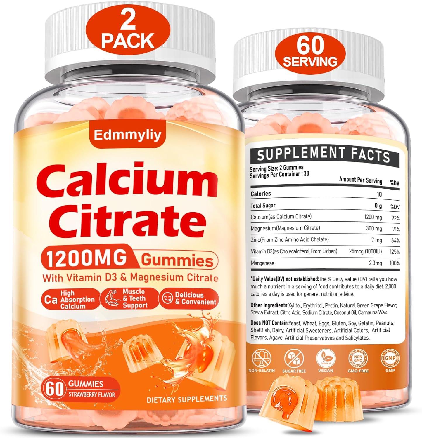 Organic Sugar-Free Calcium Citrate Gummies with Magnesium and Vitamin D3 for Adults - Chewable Calcium Supplements for Men and Women