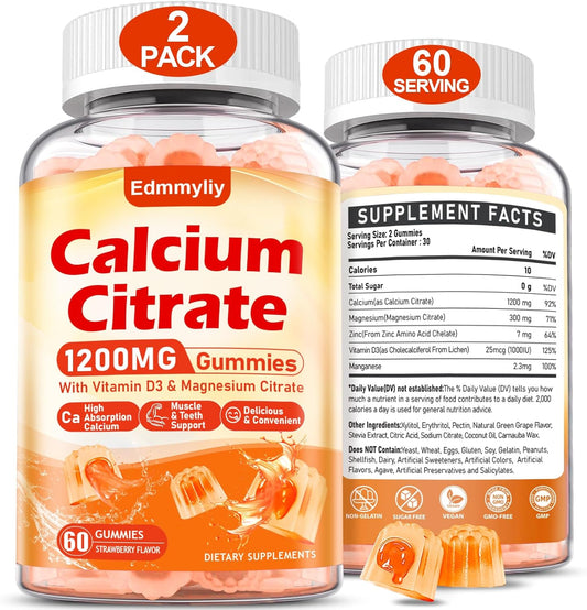 Organic Sugar-Free Calcium Citrate Gummies with Magnesium and Vitamin D3 for Adults - Chewable Calcium Supplements for Men and Women