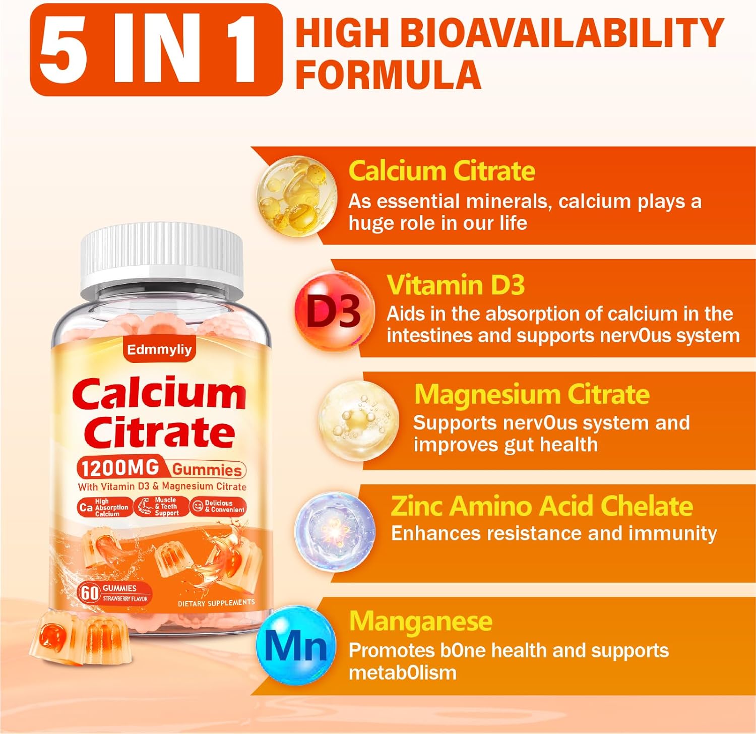 Organic Sugar-Free Calcium Citrate Gummies with Magnesium and Vitamin D3 for Adults - Chewable Calcium Supplements for Men and Women
