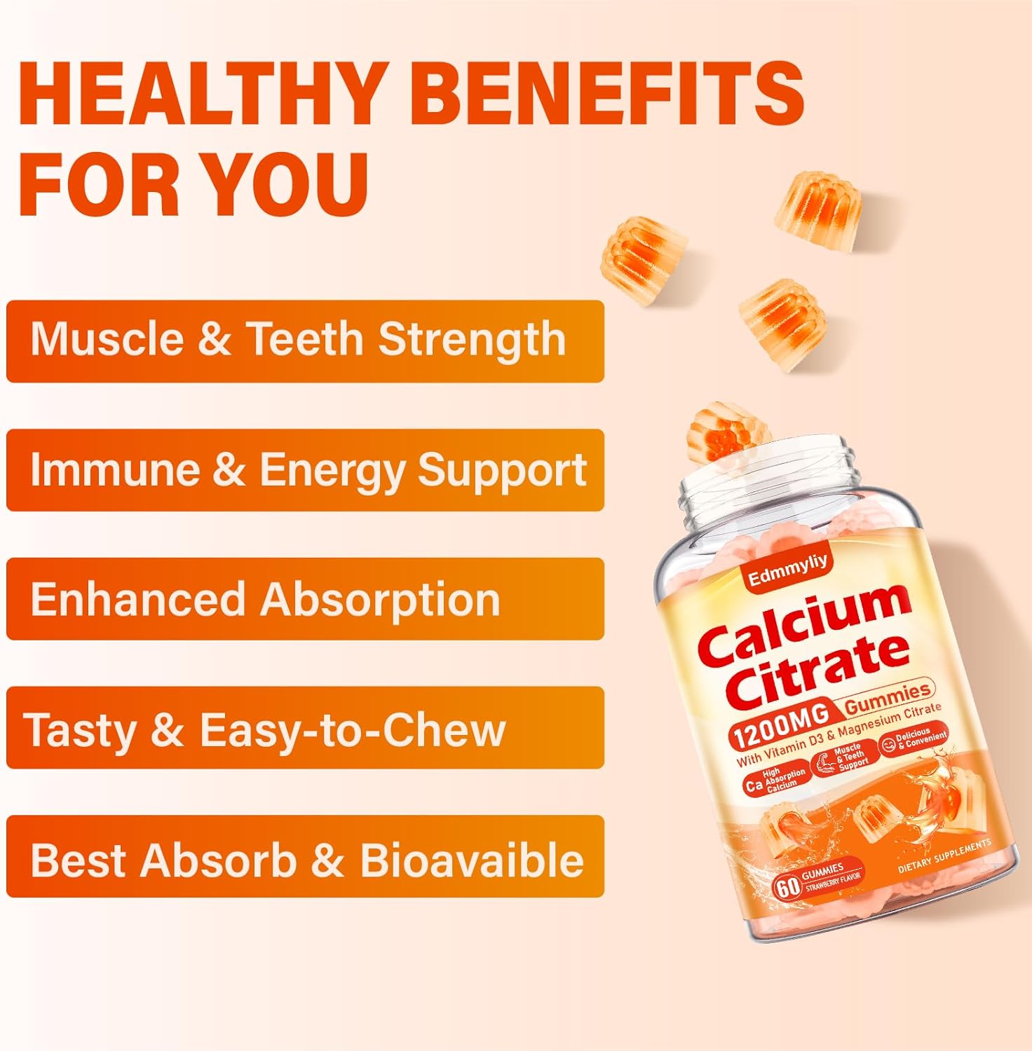 Organic Sugar-Free Calcium Citrate Gummies with Magnesium and Vitamin D3 for Adults - Chewable Calcium Supplements for Men and Women