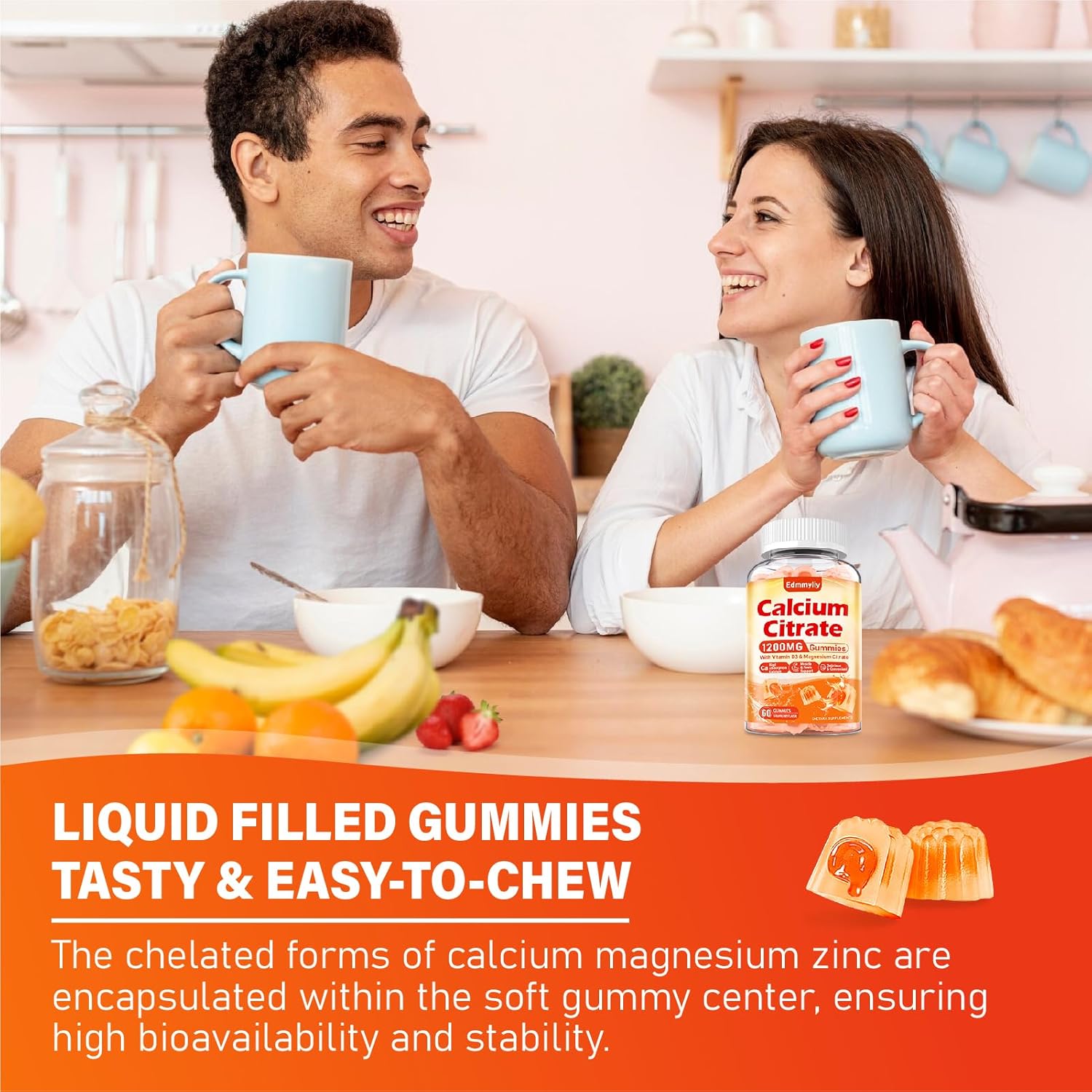 Organic Sugar-Free Calcium Citrate Gummies with Magnesium and Vitamin D3 for Adults - Chewable Calcium Supplements for Men and Women