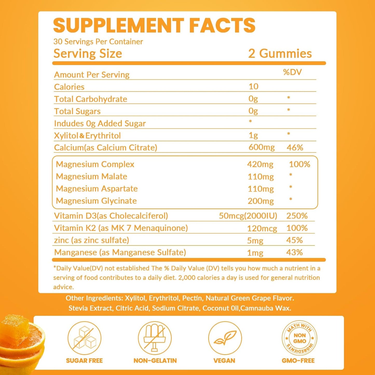 Organic Sugar-Free Calcium Magnesium Gummies with Zinc, Vitamin D3, K2 - High Absorption Vegan Chewables for Immune Support (60 count)