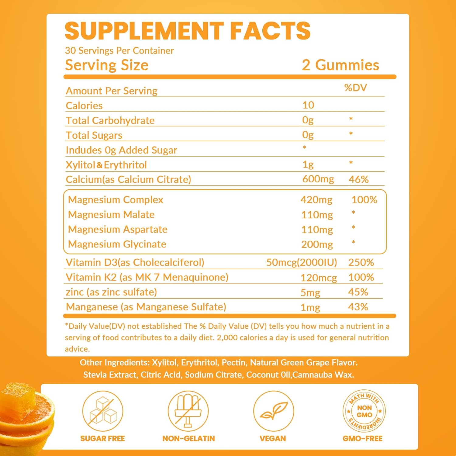 Organic Sugar-Free Calcium Magnesium Gummies with Zinc, Vitamin D3, K2 - High Absorption Vegan Chewables for Immune Support (60 count)