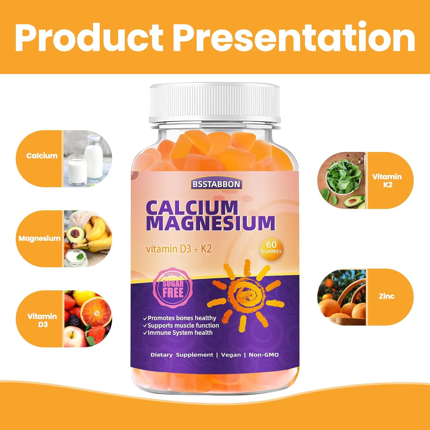 Organic Sugar-Free Calcium Magnesium Gummies with Zinc, Vitamin D3, K2 - High Absorption Vegan Chewables for Immune Support (60 count)