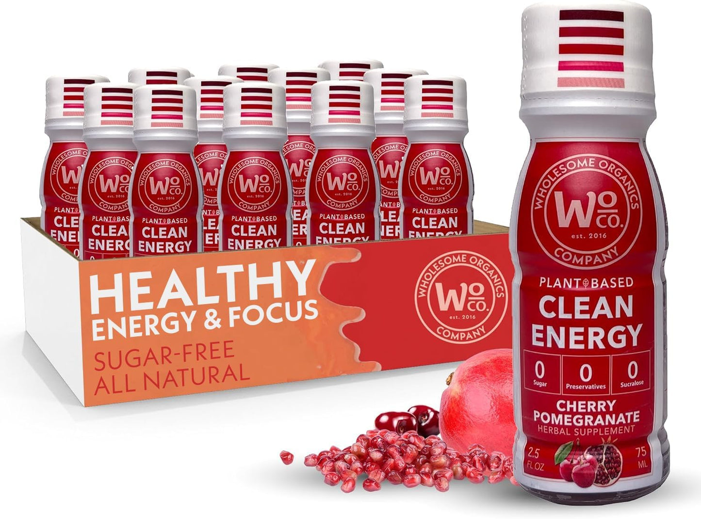 Organic Sugar-Free Energy Shots with Vitamin B12 and Plant-Based Ingredients - Cherry Pomegranate Flavor - 12 Pack
