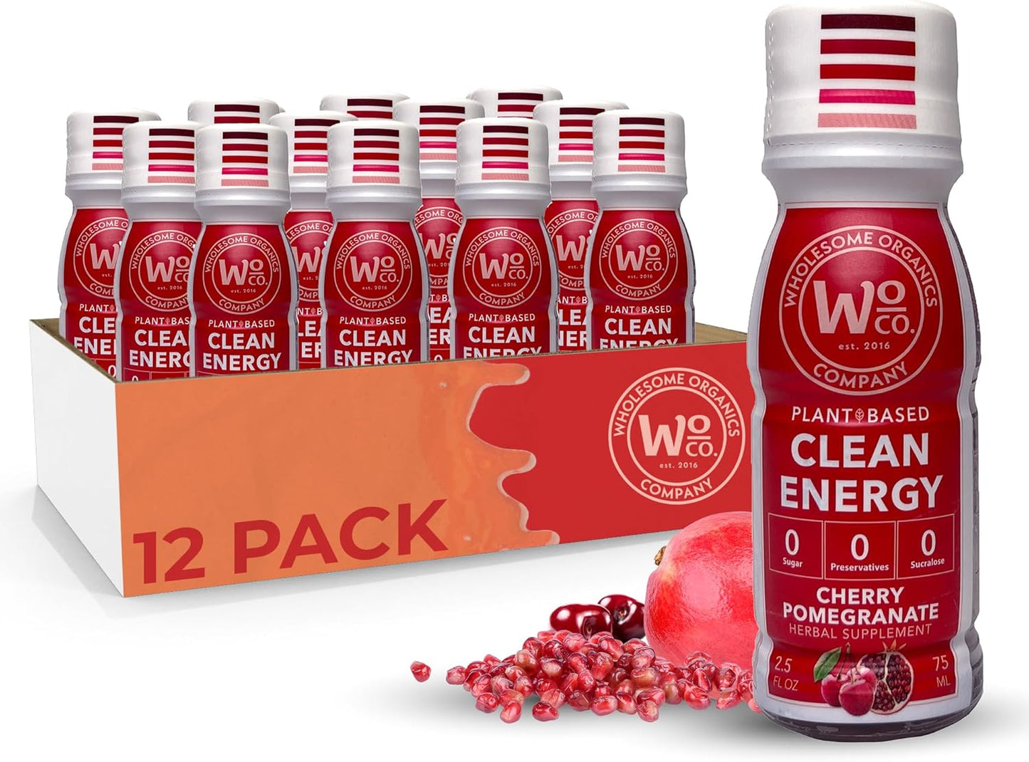 Organic Sugar-Free Energy Shots with Vitamin B12 and Plant-Based Ingredients - Cherry Pomegranate Flavor - 12 Pack