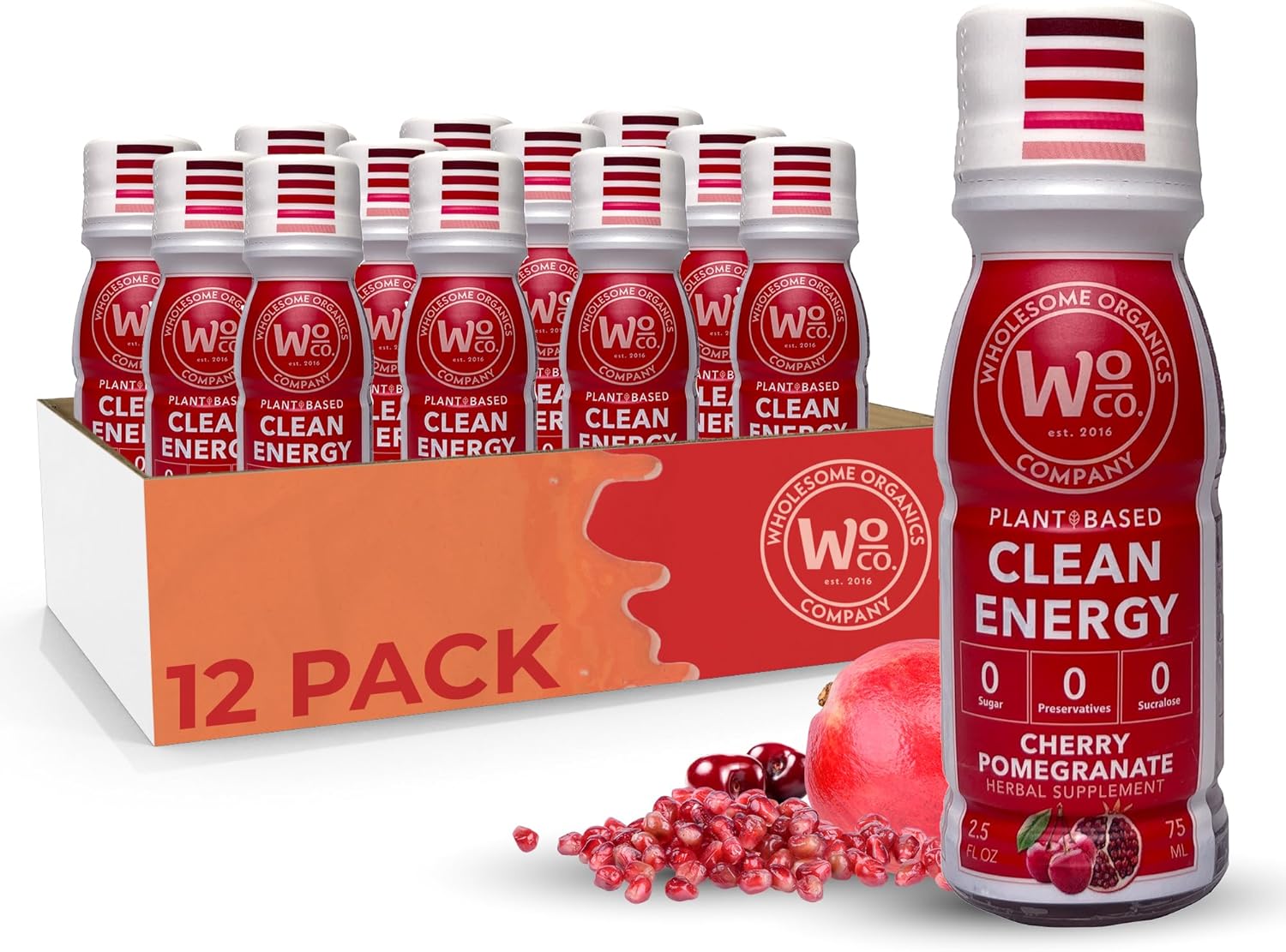 Organic Sugar-Free Energy Shots with Vitamin B12 and Plant-Based Ingredients - Cherry Pomegranate Flavor - 12 Pack