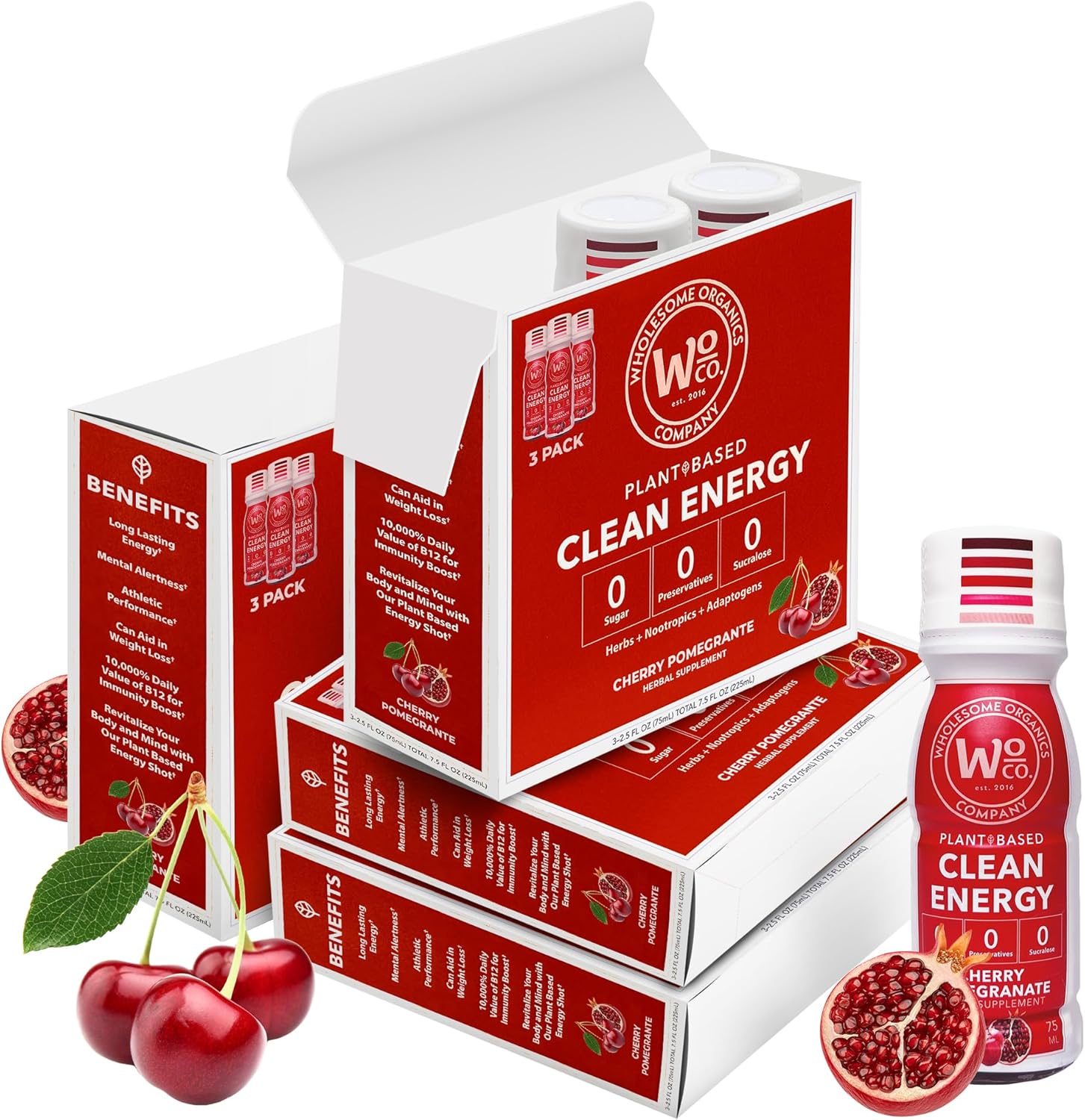 Organic Sugar-Free Energy Shots with Vitamin B12 and Plant-Based Ingredients - Cherry Pomegranate Flavor - 12 Pack