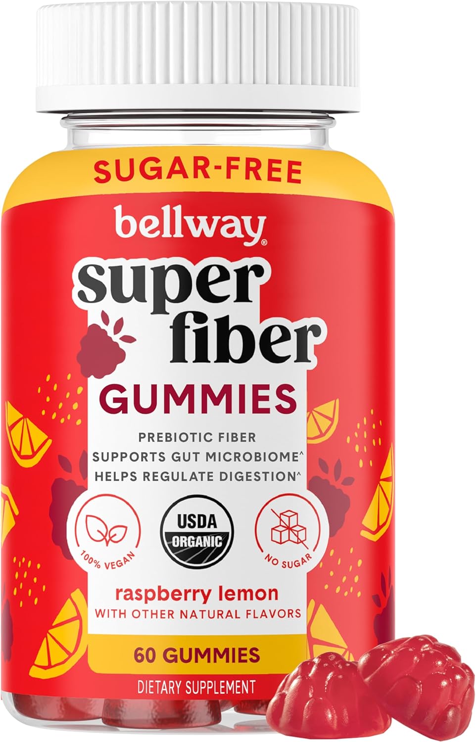 Organic Sugar-Free Fiber Gummies for Adults with Prebiotic Chicory Root - Raspberry Lemon Flavor, 60 Count, 4g Fiber per Serving