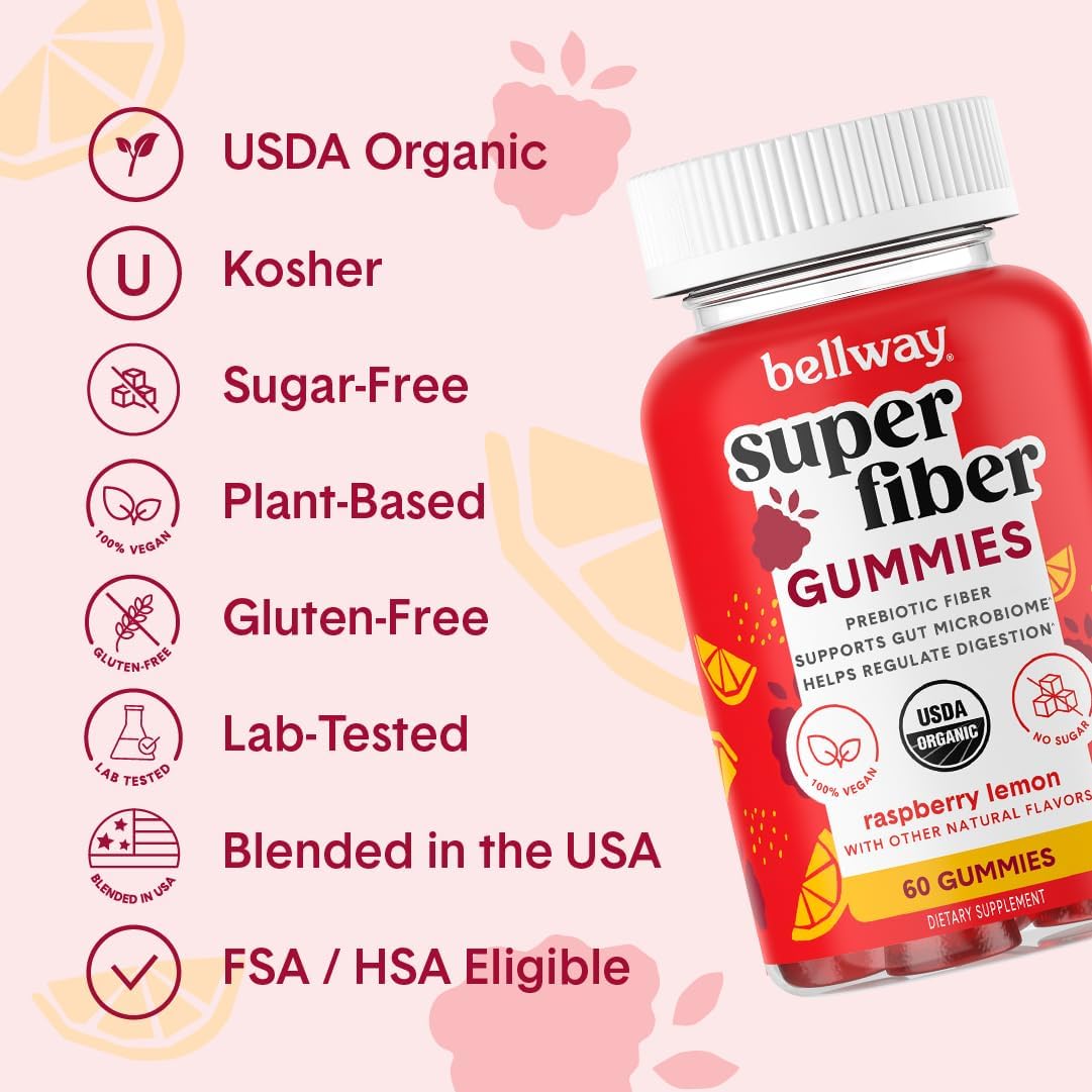 Organic Sugar-Free Fiber Gummies for Adults with Prebiotic Chicory Root - Raspberry Lemon Flavor, 60 Count, 4g Fiber per Serving