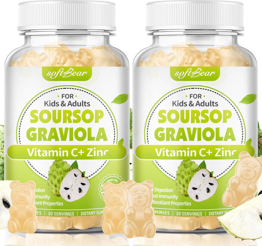 Organic Sugar-Free Soursop Gummies with Vitamin C & Zinc - 2000mg Soursop Extract for Immunity Support - 120 Count