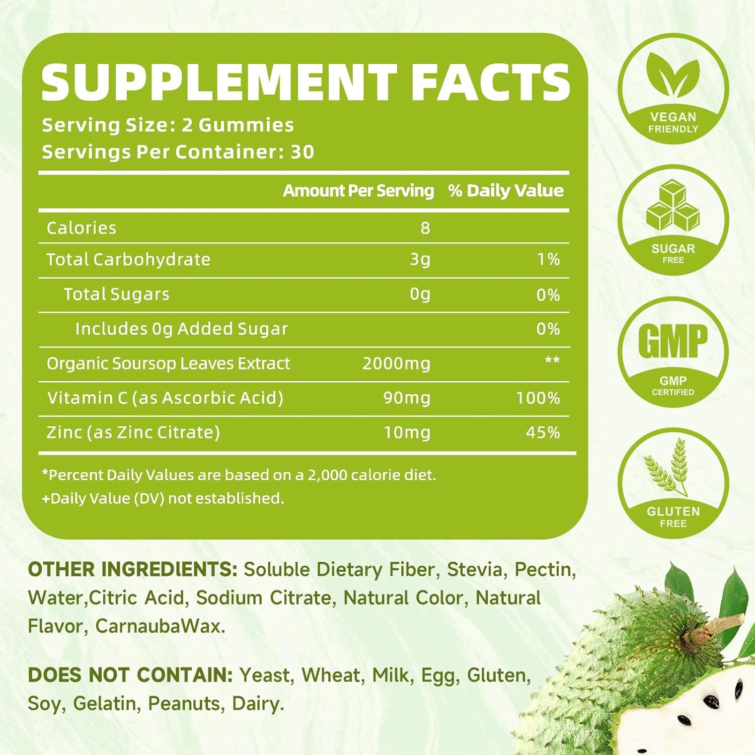 Organic Sugar-Free Soursop Gummies with Vitamin C & Zinc - 2000mg Soursop Extract for Immunity Support - 120 Count