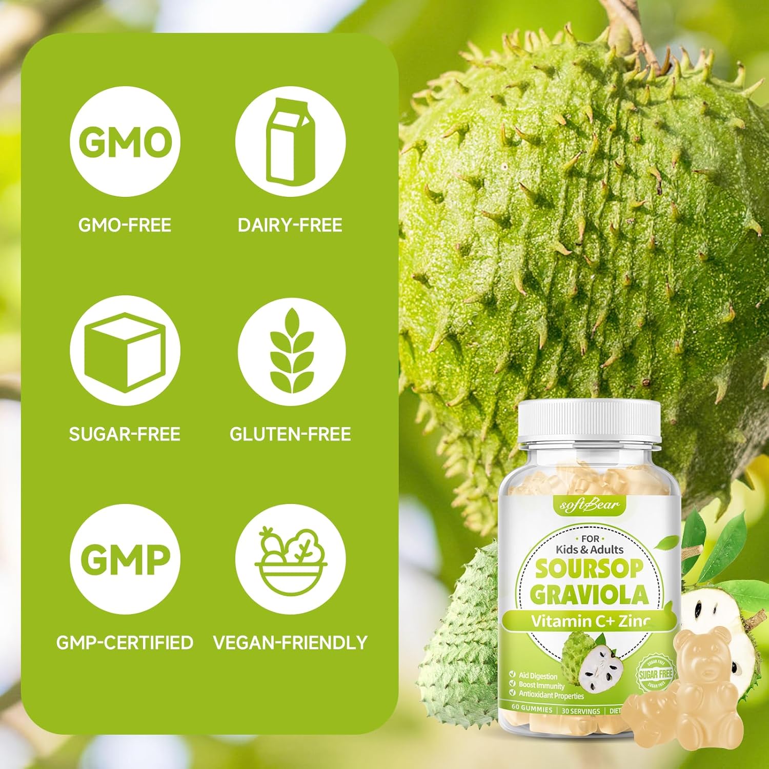 Organic Sugar-Free Soursop Gummies with Vitamin C & Zinc - 2000mg Soursop Extract for Immunity Support - 120 Count