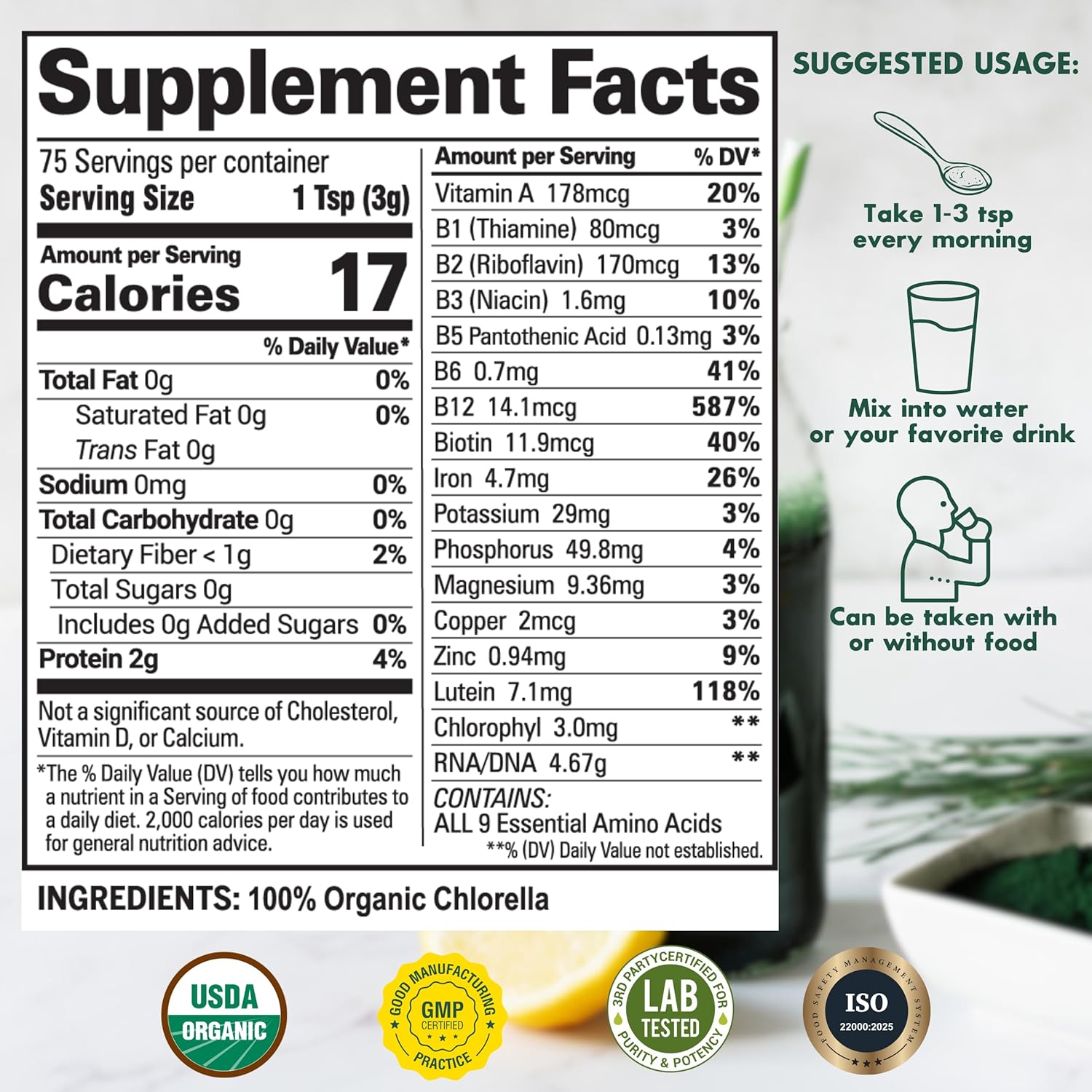 Organic Sunlit Best Chlorella Powder - Vegan Source of Protein & Chlorophyll, Non GMO Superfood Energy Drink for Immune & Gut Health, 8 oz
