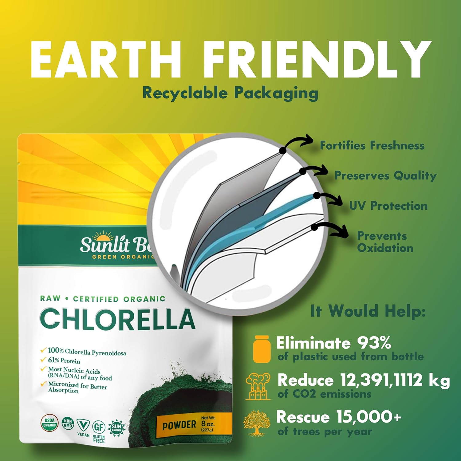Organic Sunlit Best Chlorella Powder - Vegan Source of Protein & Chlorophyll, Non GMO Superfood Energy Drink for Immune & Gut Health, 8 oz