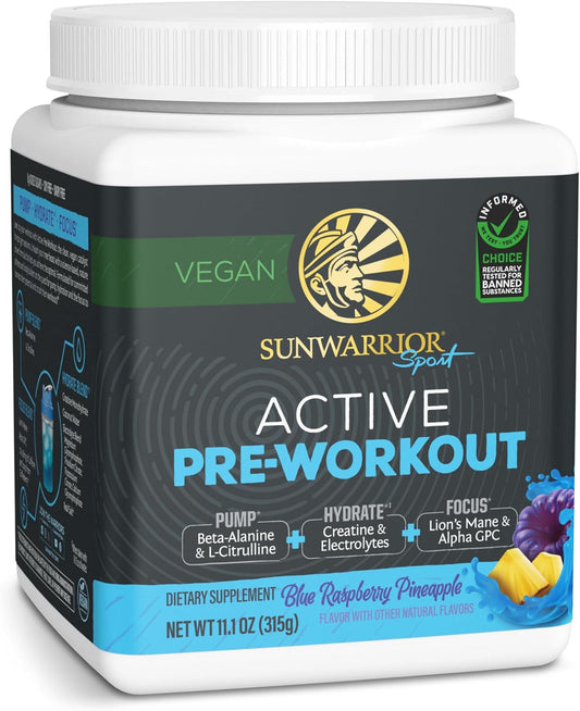 Organic Sunwarrior Blue Raspberry Pineapple Pre-Workout Powder - Vegan Energy Drink for Pump, Hydration, Focus, Endurance, and Strength Building - Plant-Based Supplement with 30 Servings - Active Preworkout Formula