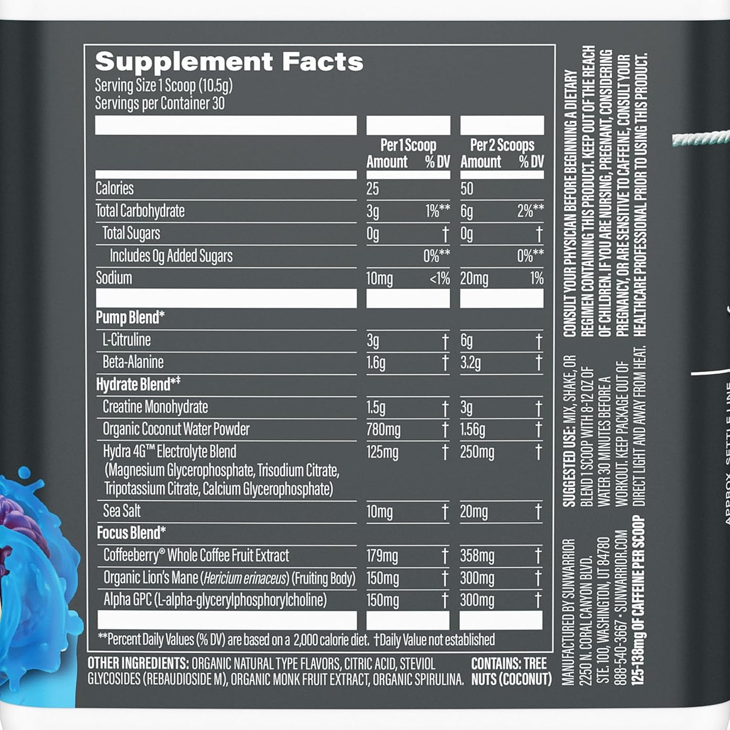 Organic Sunwarrior Blue Raspberry Pineapple Pre-Workout Powder - Vegan Energy Drink for Pump, Hydration, Focus, Endurance, and Strength Building - Plant-Based Supplement with 30 Servings - Active Preworkout Formula