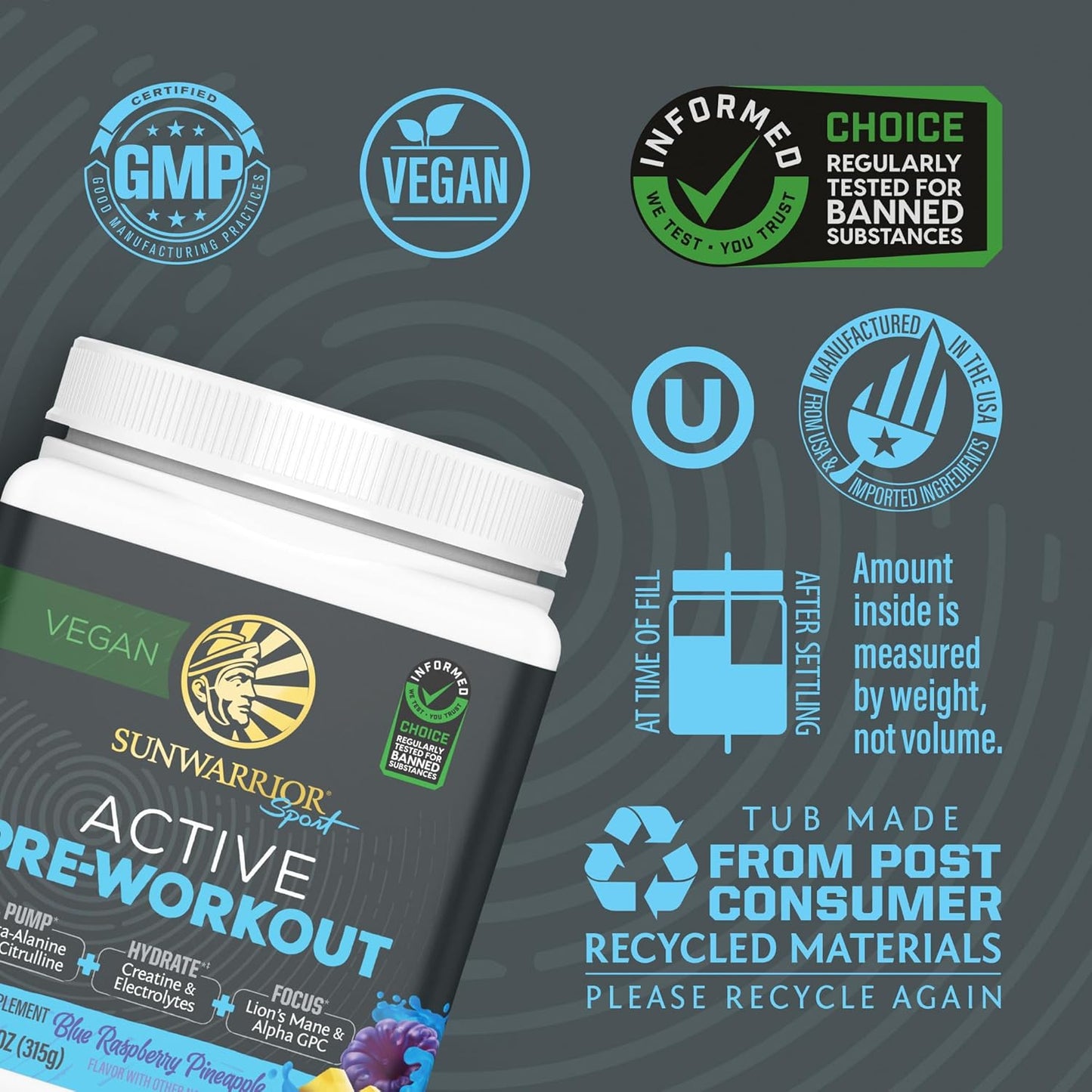 Organic Sunwarrior Blue Raspberry Pineapple Pre-Workout Powder - Vegan Energy Drink for Pump, Hydration, Focus, Endurance, and Strength Building - Plant-Based Supplement with 30 Servings - Active Preworkout Formula