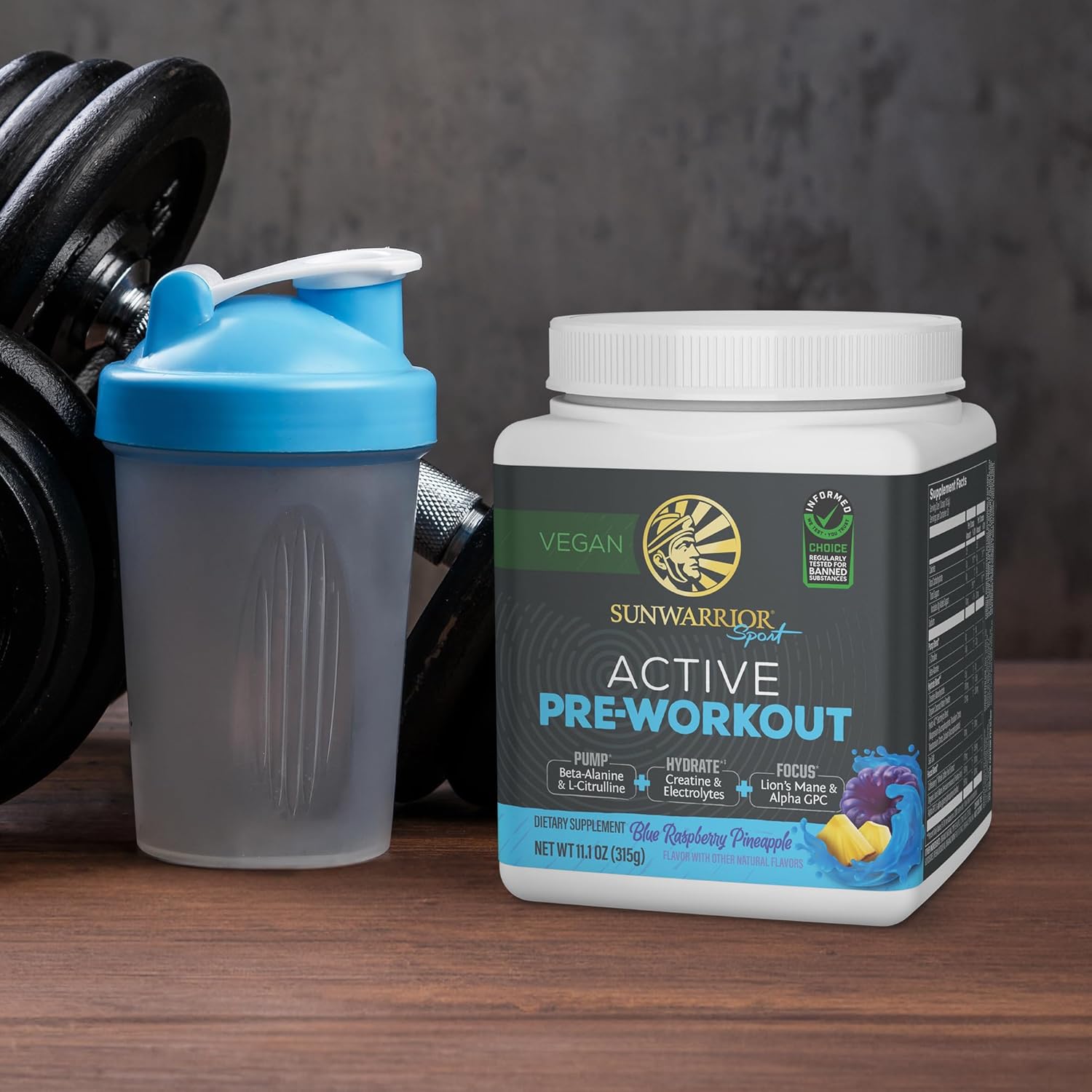 Organic Sunwarrior Blue Raspberry Pineapple Pre-Workout Powder - Vegan Energy Drink for Pump, Hydration, Focus, Endurance, and Strength Building - Plant-Based Supplement with 30 Servings - Active Preworkout Formula