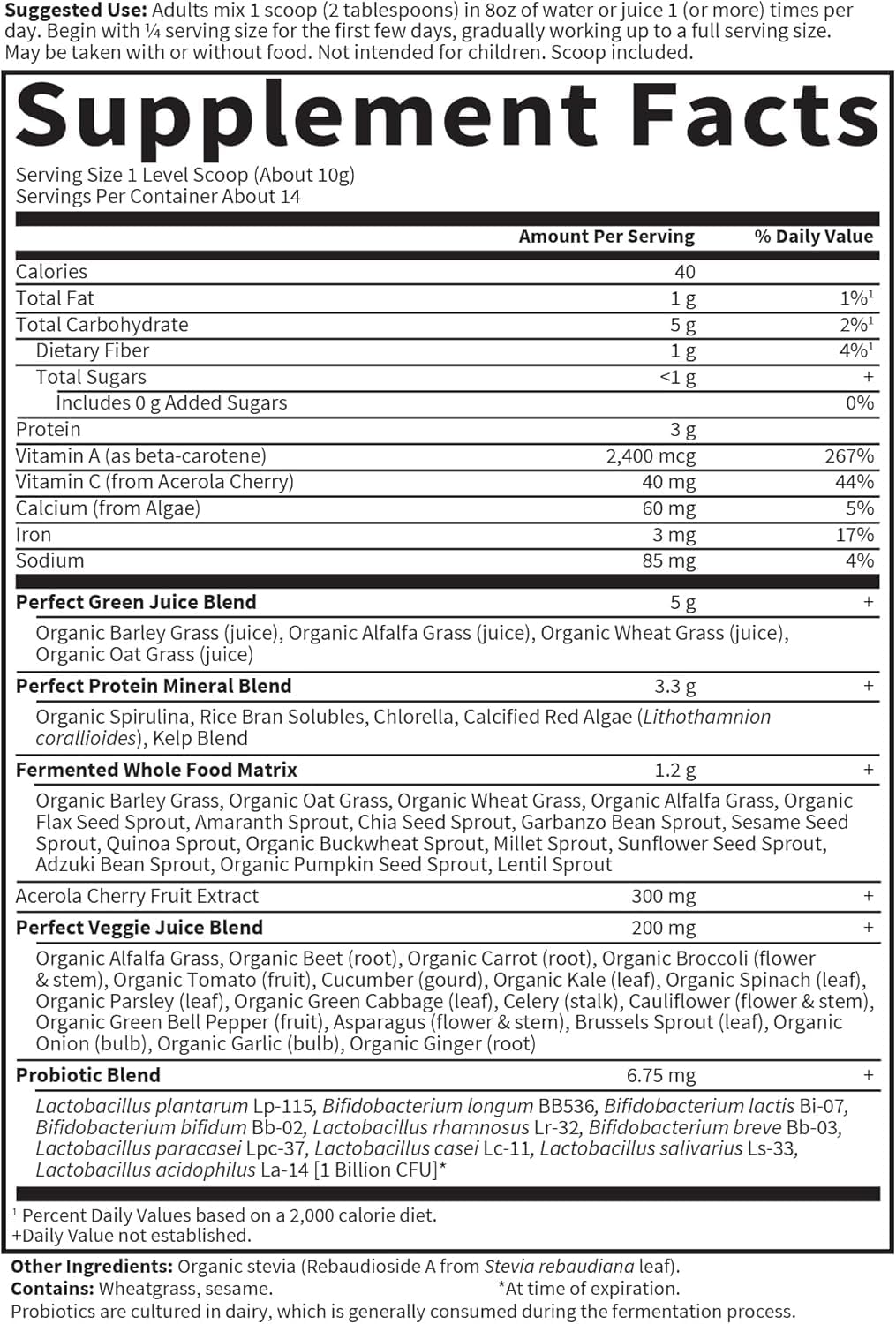 Organic Super Green Formula Powder Supplement with Probiotics - 14 Servings, 45 Superfoods, Greens, Fruits & Veggies, Immune & Digestive Support
