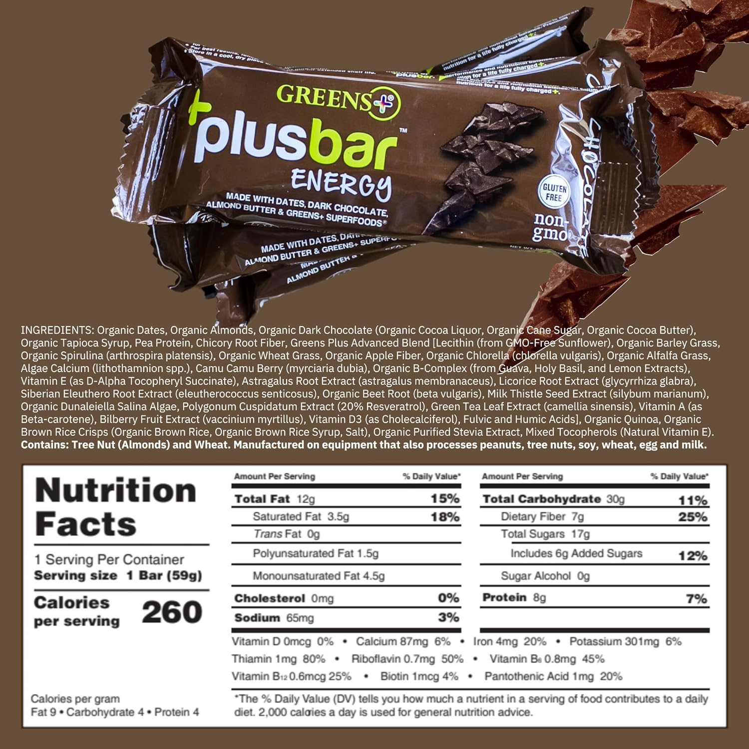 Organic Super Greens Dark Chocolate Energy Bars - Gluten Free & Vegan Snacks with Superfoods - 12 Bars, 8g Protein Meal Replacement