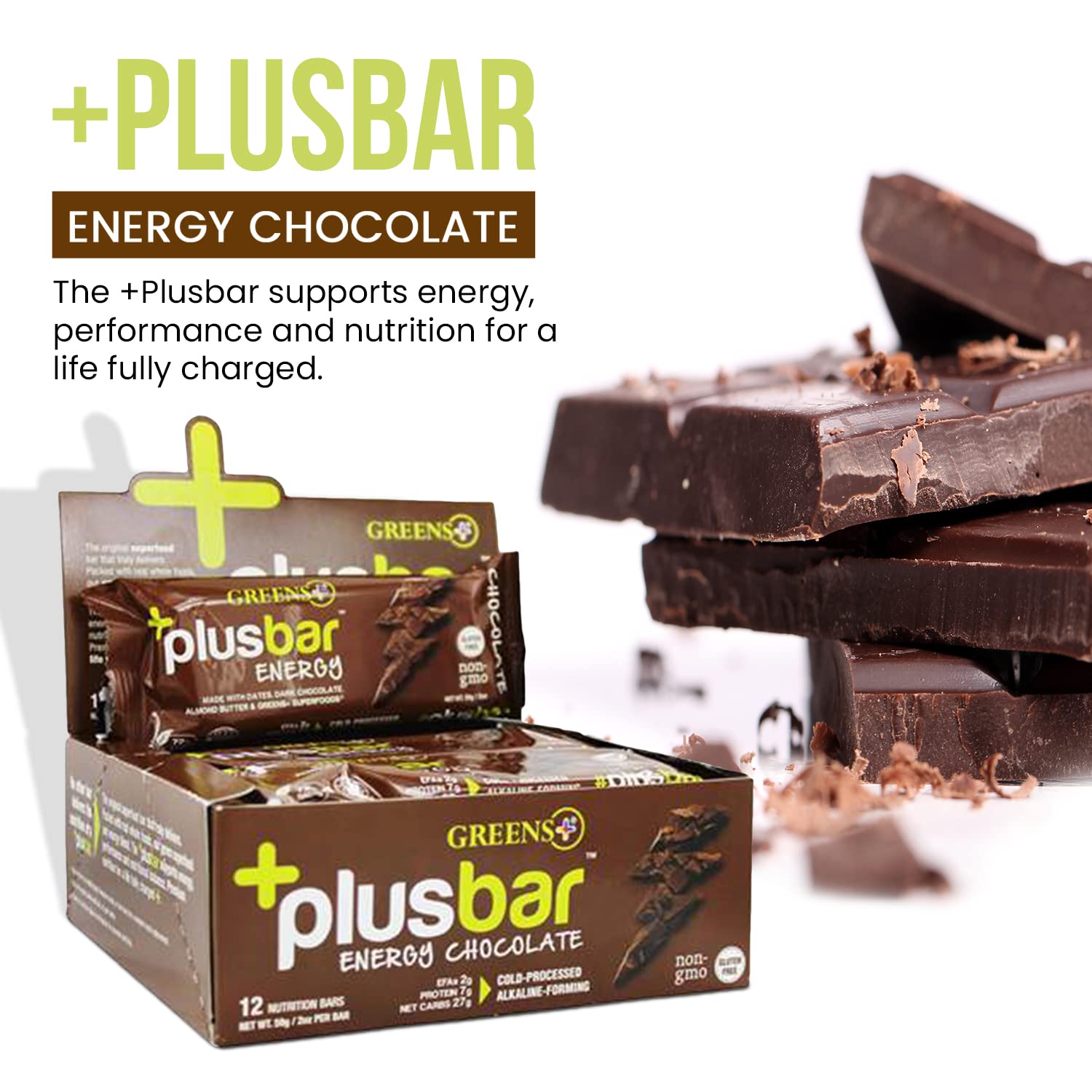 Organic Super Greens Dark Chocolate Energy Bars - Gluten Free & Vegan Snacks with Superfoods - 12 Bars, 8g Protein Meal Replacement