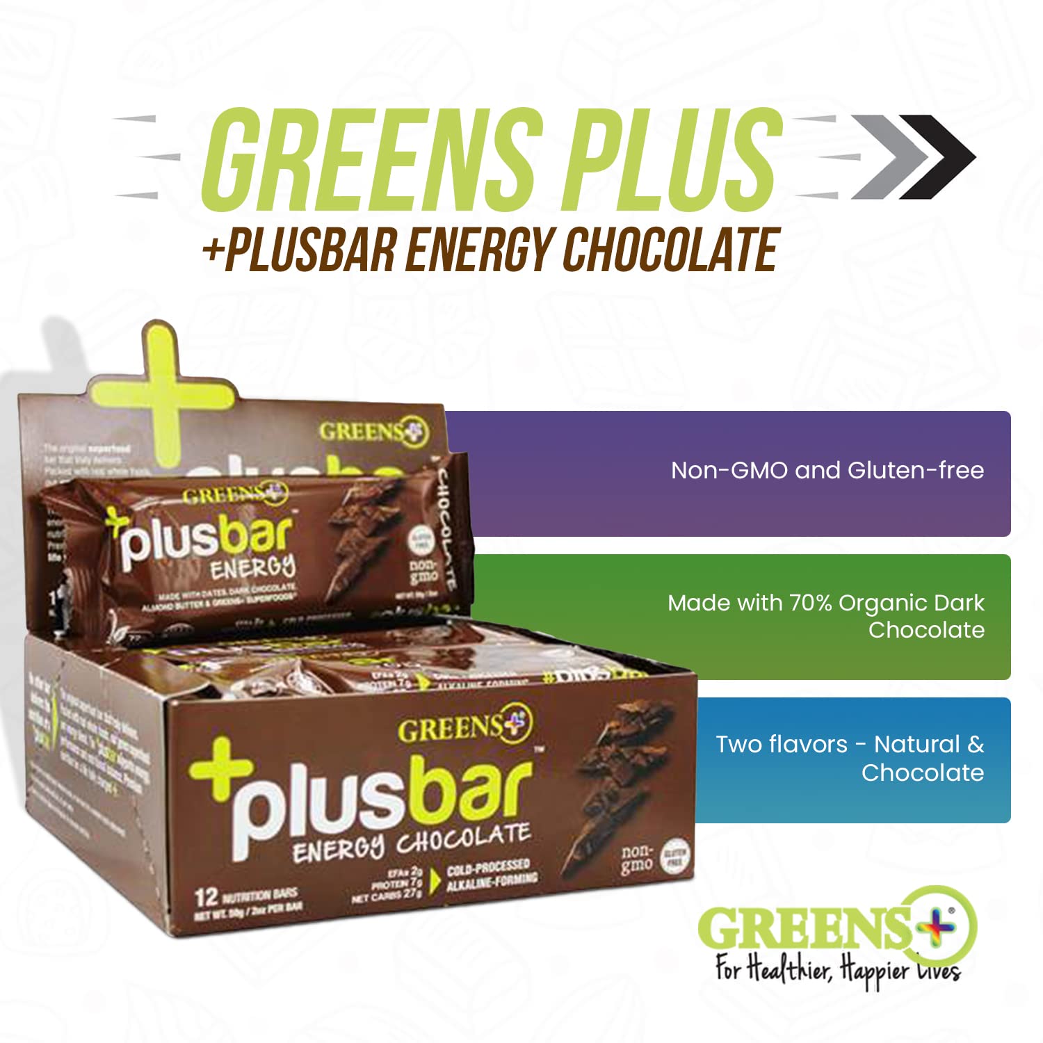 Organic Super Greens Dark Chocolate Energy Bars - Gluten Free & Vegan Snacks with Superfoods - 12 Bars, 8g Protein Meal Replacement