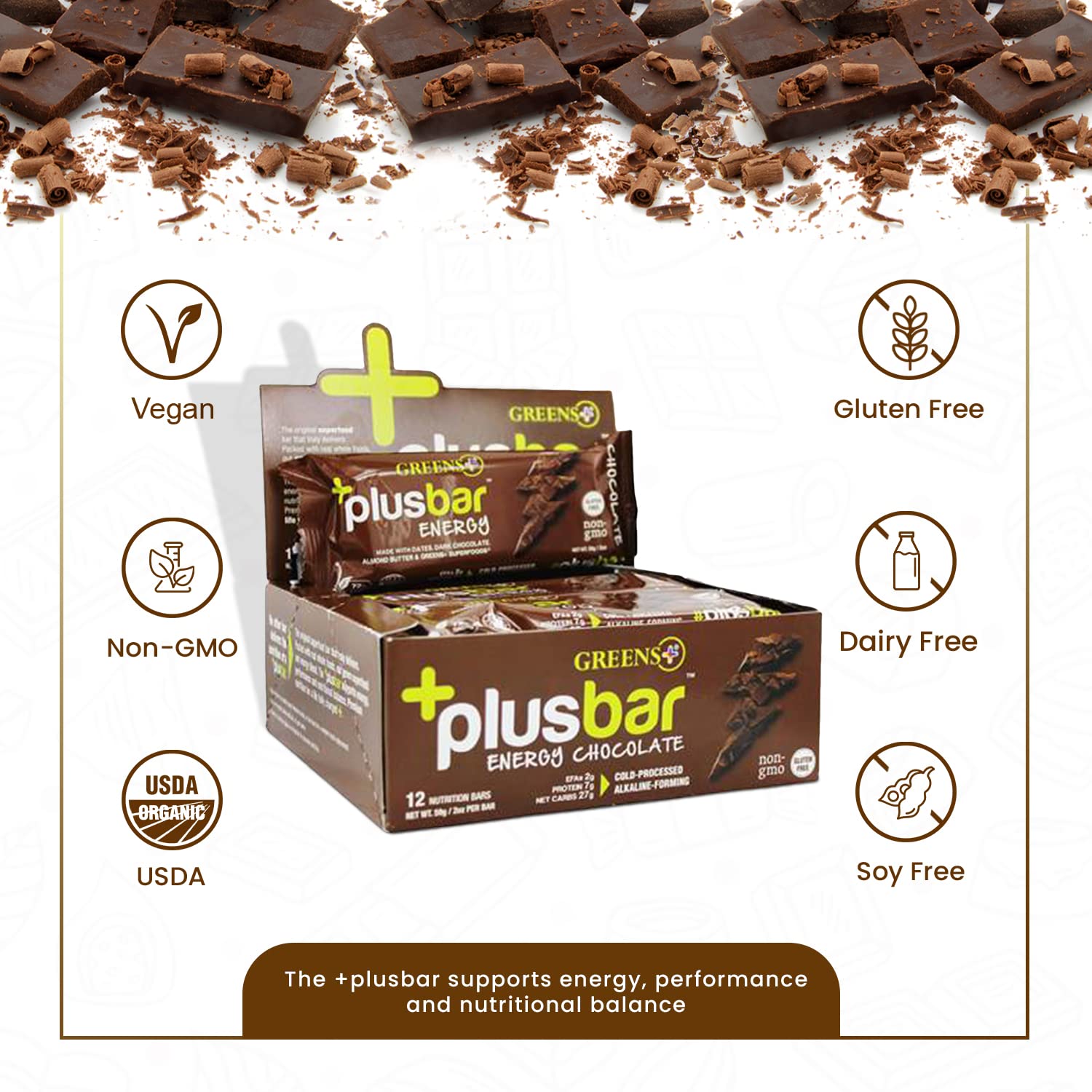Organic Super Greens Dark Chocolate Energy Bars - Gluten Free & Vegan Snacks with Superfoods - 12 Bars, 8g Protein Meal Replacement