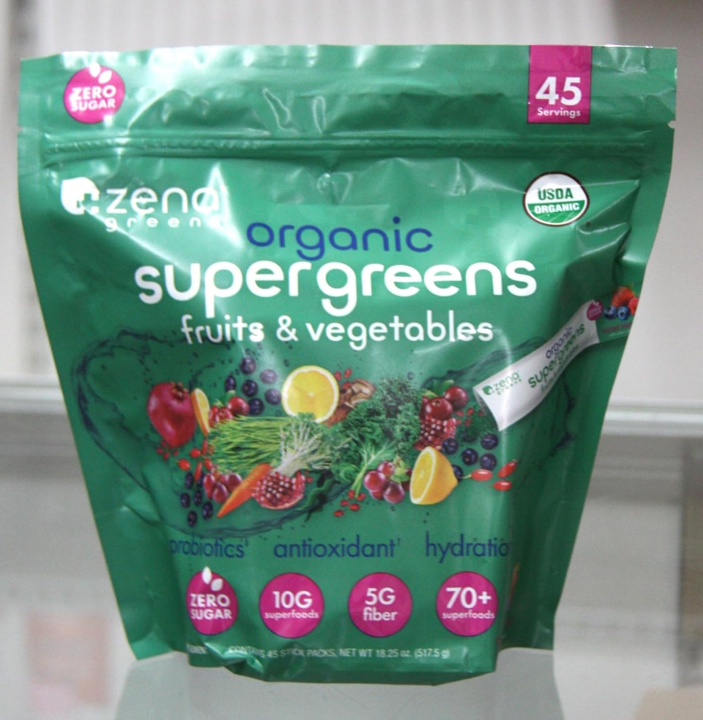 Organic Super Greens Fruits & Vegetables Powder - 45 Servings, 18.25 oz, Zero Sugar, 10g Superfoods, 5g Fiber, 70+ Superfoods