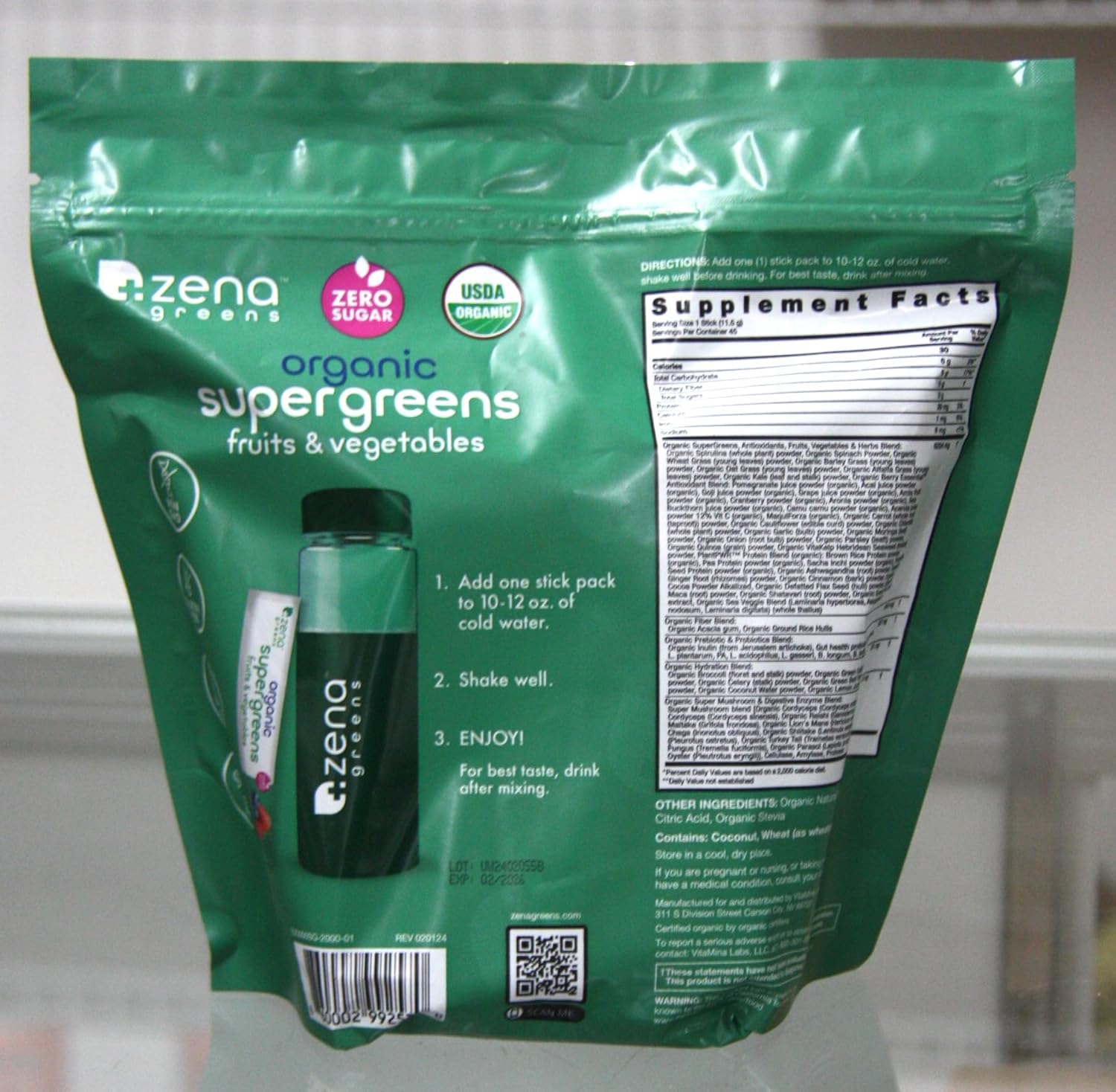 Organic Super Greens Fruits & Vegetables Powder - 45 Servings, 18.25 oz, Zero Sugar, 10g Superfoods, 5g Fiber, 70+ Superfoods