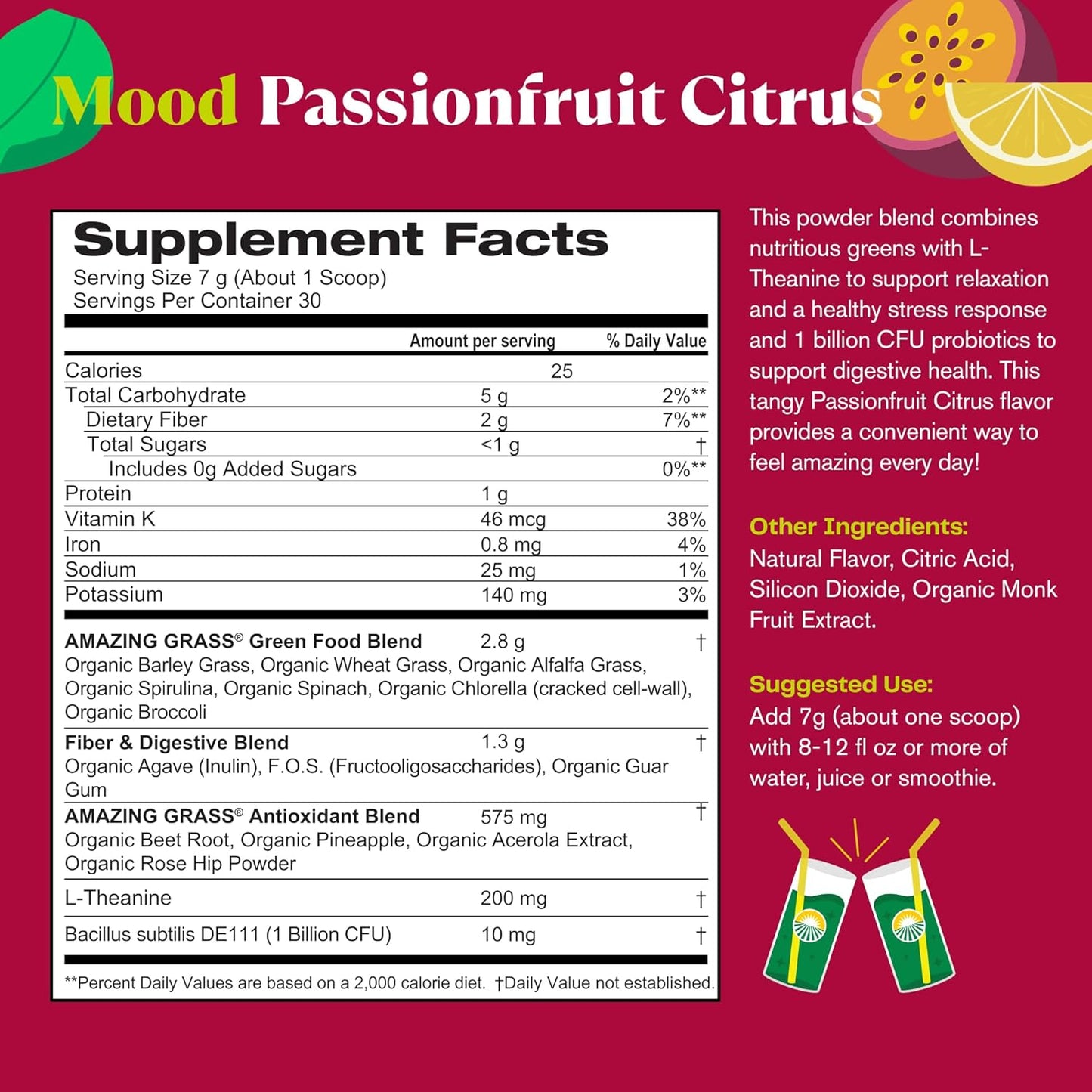 Organic Super Greens Powder for Mood, Relaxation & Stress Support - With Spirulina, Chlorella, Beet Root Powder, Digestive Enzymes & Probiotics - 30 Servings