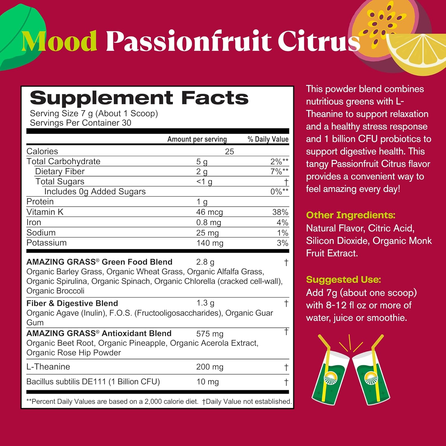 Organic Super Greens Powder for Mood, Relaxation & Stress Support - With Spirulina, Chlorella, Beet Root Powder, Digestive Enzymes & Probiotics - 30 Servings
