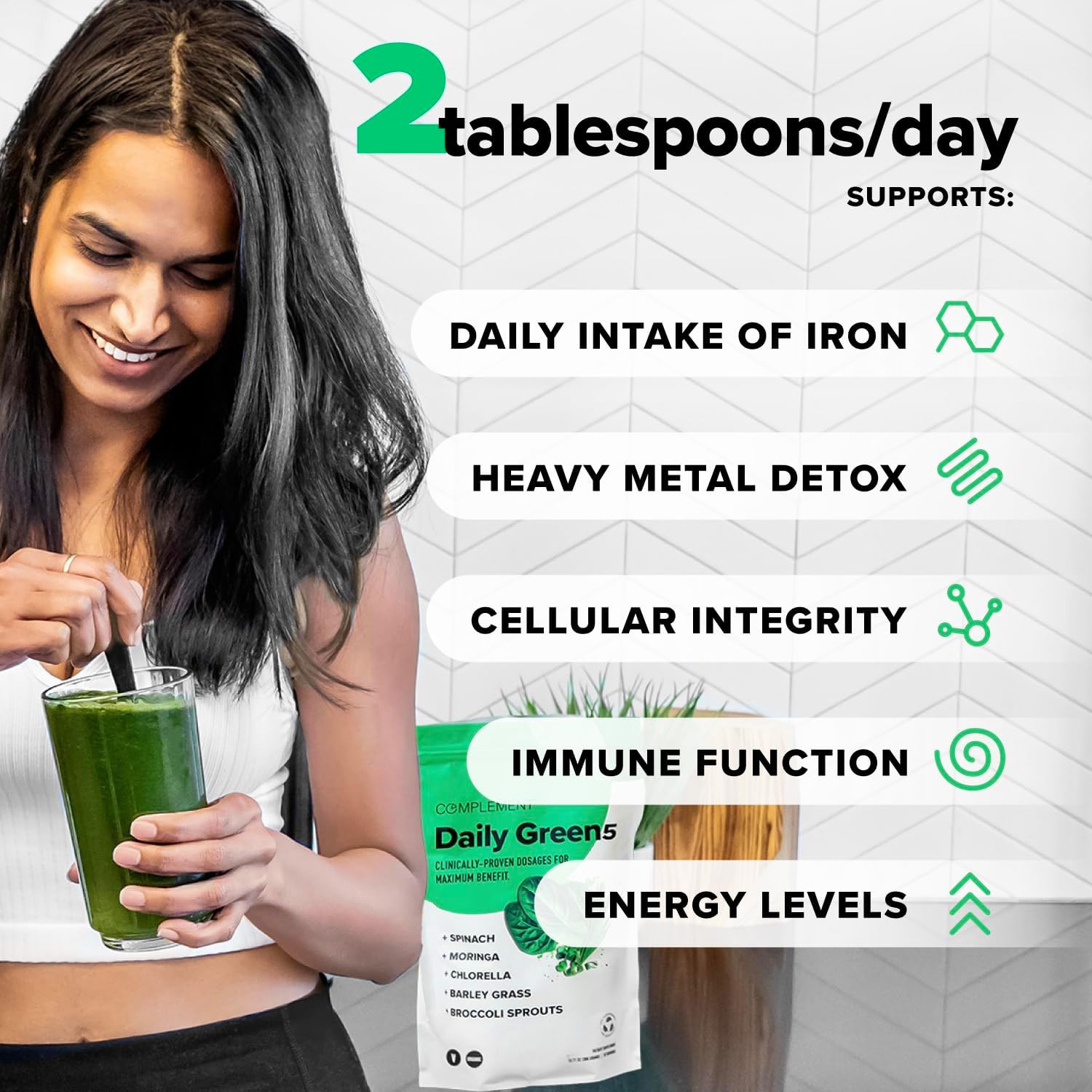 Organic Super Greens Powder with Chlorella, Barley Grass, and Broccoli Sprouts - Immune and Brain Support, Metal Detox - 30 Servings