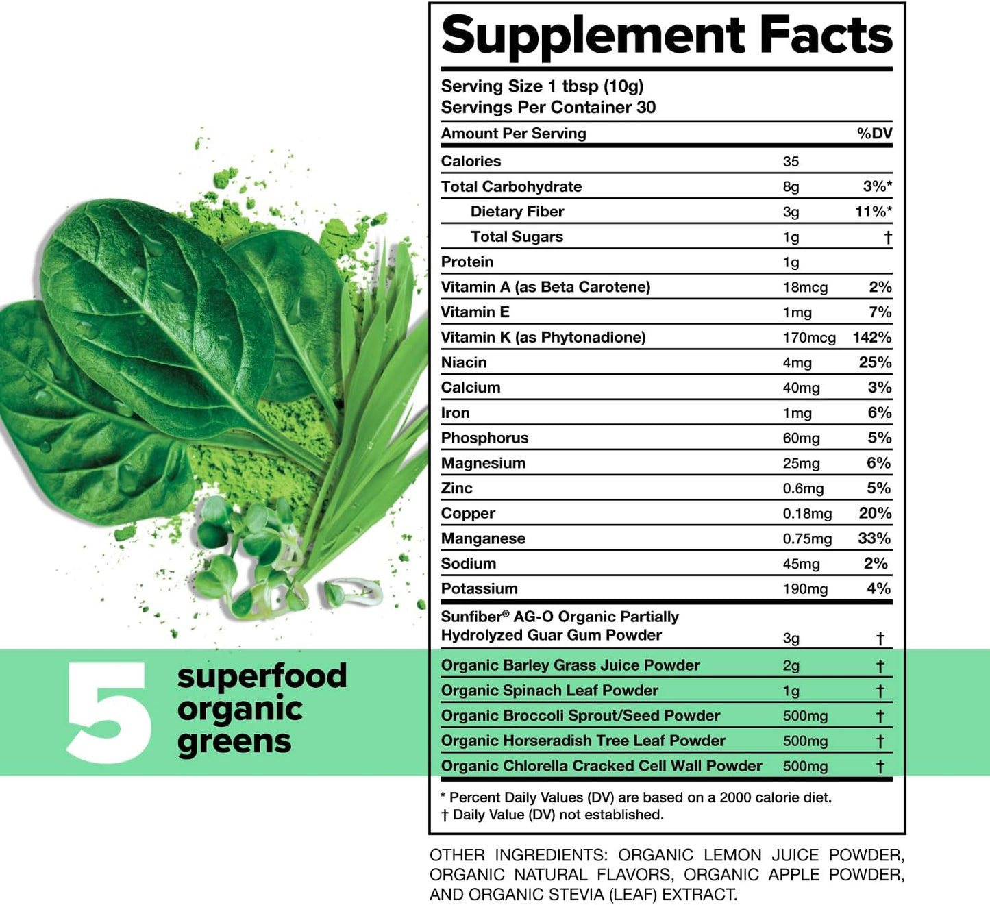 Organic Super Greens Powder with Chlorella, Barley Grass, and Broccoli Sprouts - Immune and Brain Support, Metal Detox - 30 Servings