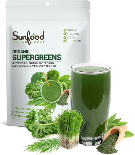 Organic Super Greens Powder with Digestive Enzymes & Probiotics for Gut Health, 8 oz, 22 Servings
