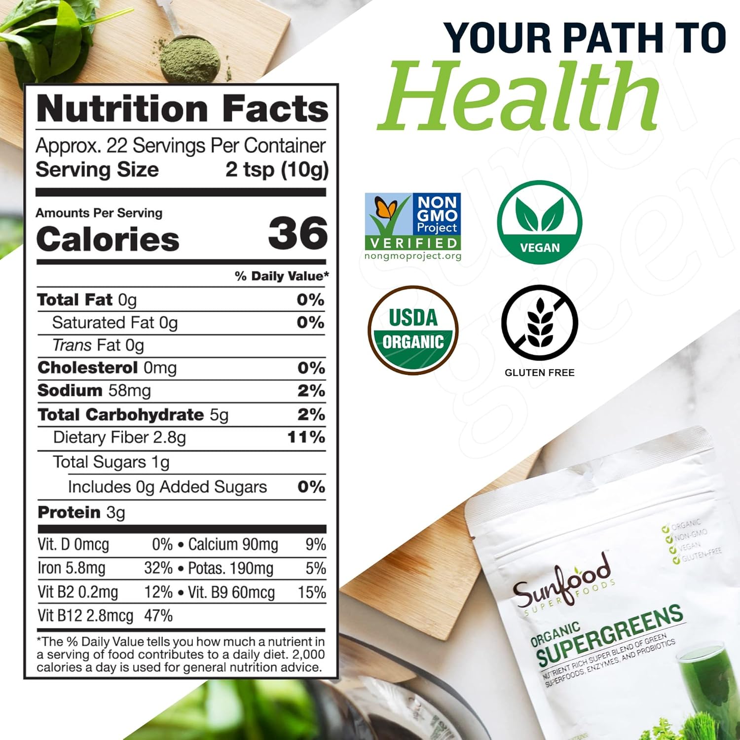 Organic Super Greens Powder with Digestive Enzymes & Probiotics for Gut Health, 8 oz, 22 Servings