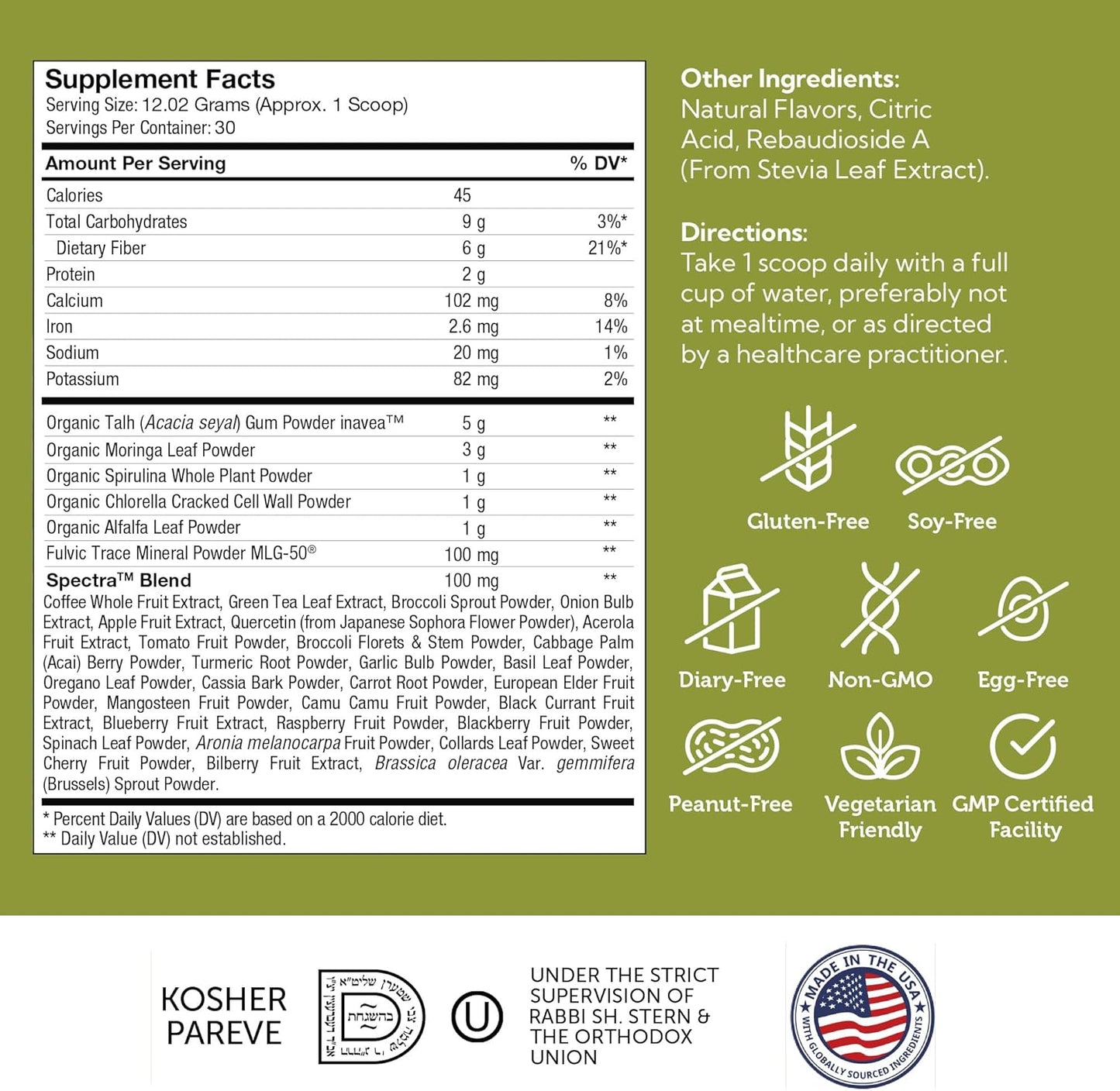 Organic Super Greens Powder with Spirulina & Chlorella - Kosher Non GMO Citrus Green Juice Powder, Phytonutrient Rich & Delicious