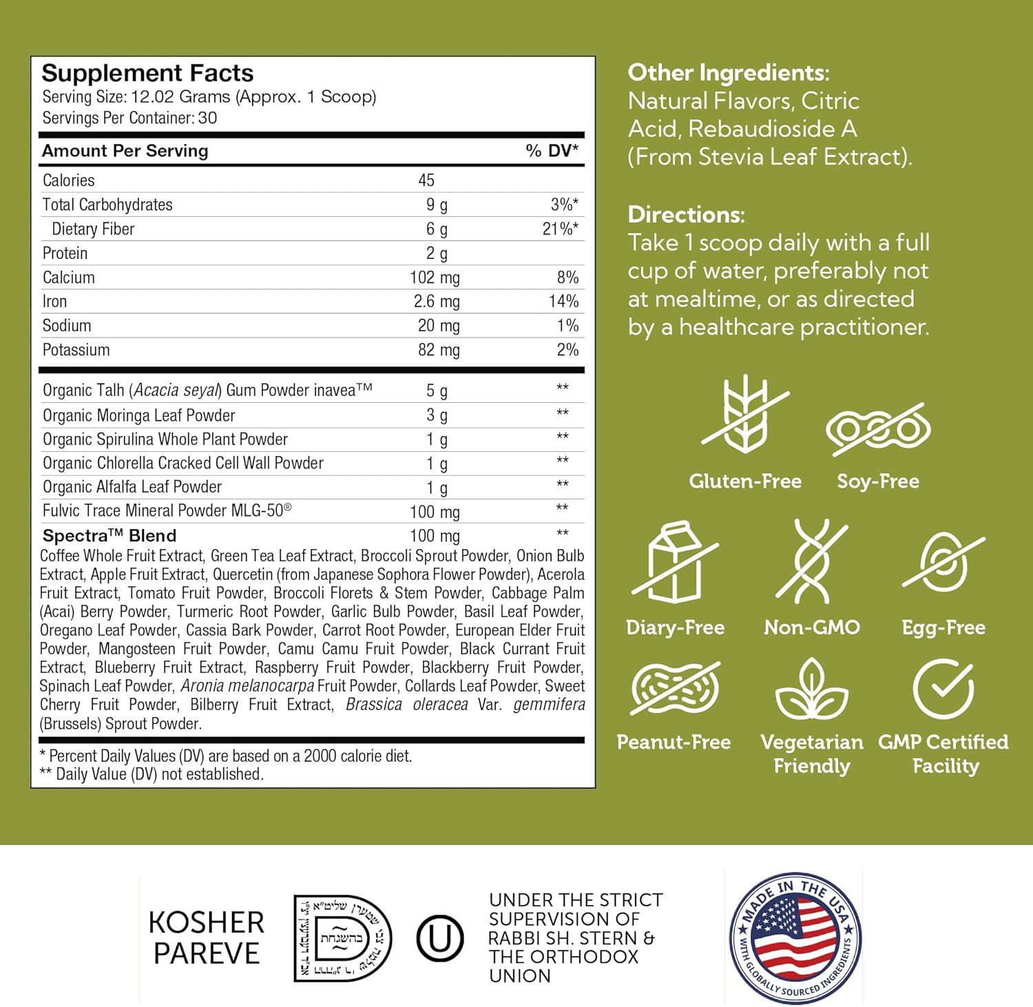 Organic Super Greens Powder with Spirulina & Chlorella - Kosher Non GMO Citrus Green Juice Powder, Phytonutrient Rich & Delicious