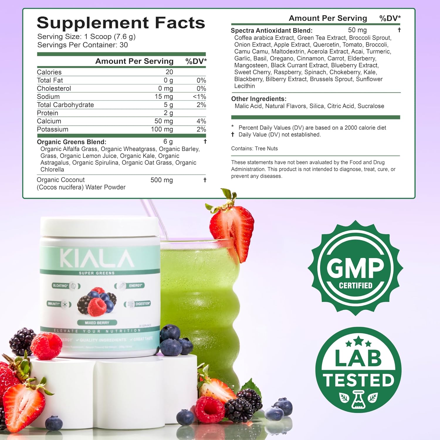 Organic Super Greens Powder with Spirulina & Chlorella for Women - Daily Digestive and Immune Support, Energy Boost - Mixed Berry Flavor, 30 Servings