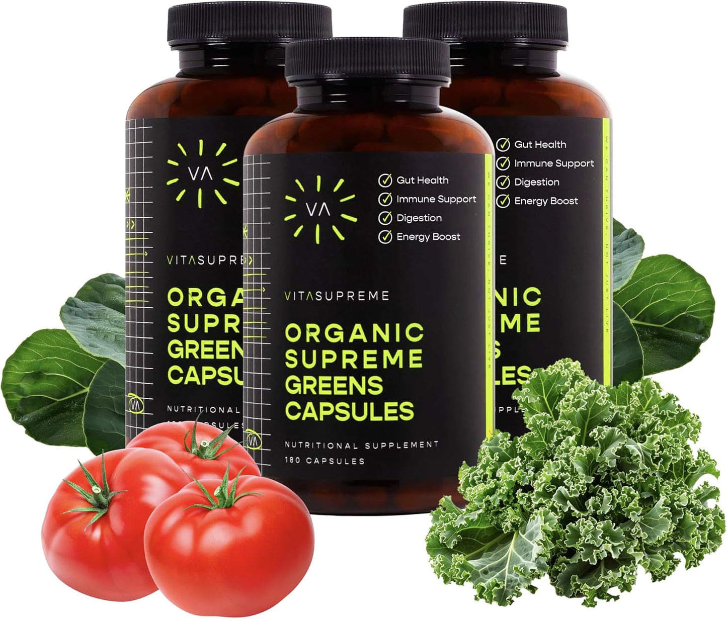Organic Super Greens Superfood Capsules for Gut Health, Immune Support & Energy - 180 Capsules (Non-GMO, Keto, Vegan) - 3 Pack