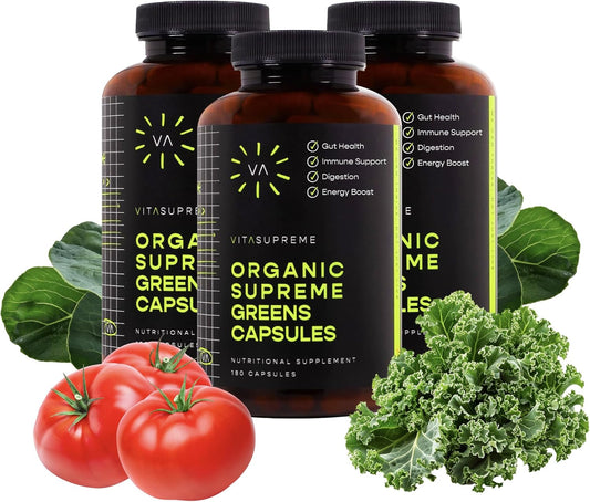 Organic Super Greens Superfood Capsules for Gut Health, Immune Support & Energy - 180 Capsules (Non-GMO, Keto, Vegan) - 3 Pack