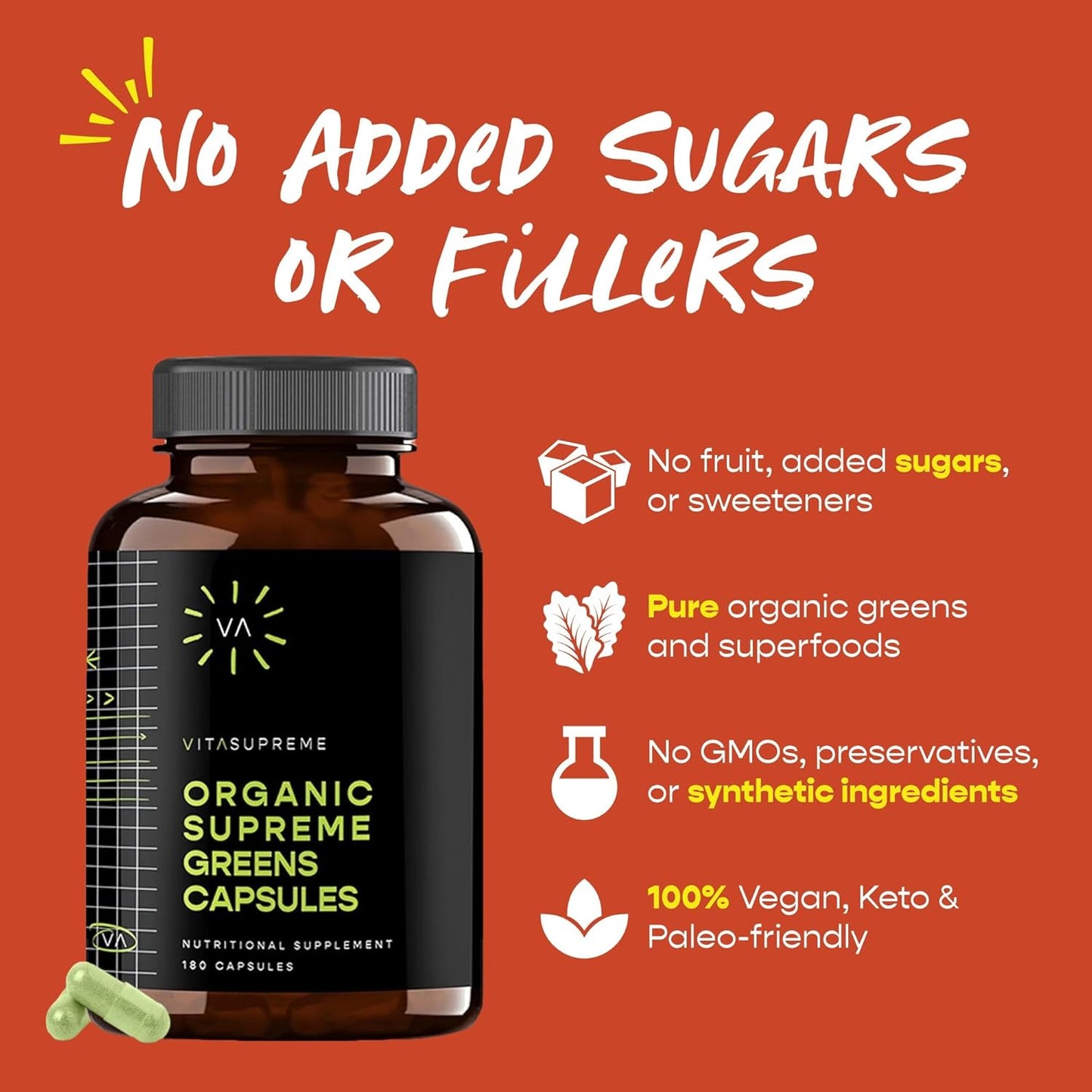 Organic Super Greens Superfood Capsules for Gut Health, Immune Support & Energy - 180 Capsules (Non-GMO, Keto, Vegan) - 3 Pack