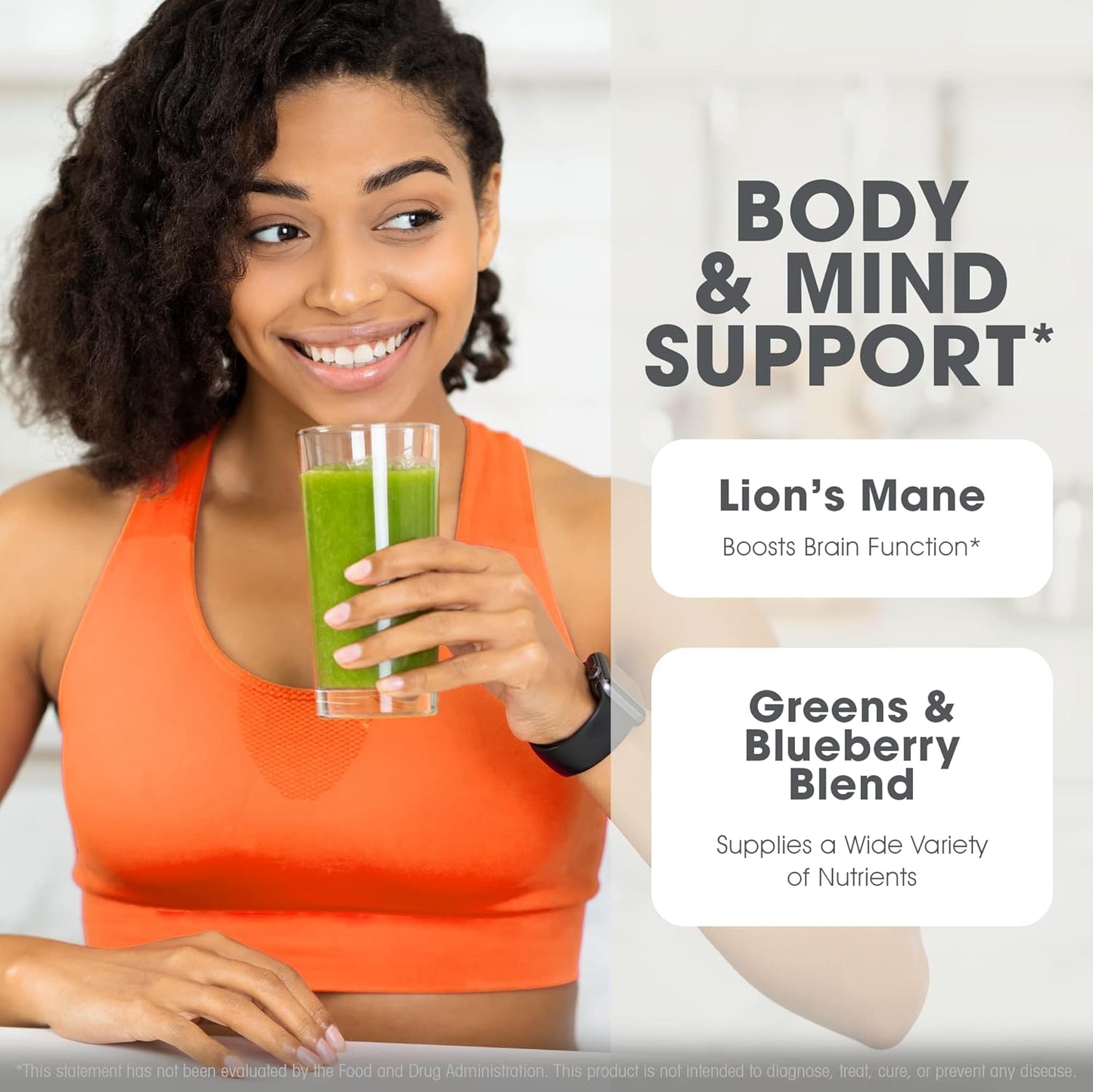 Organic Super Greens Superfood Powder with Nootropic Benefits - Spirulina, Lion's Mane, Kale, Spinach & Antioxidants - Boost Energy & Immunity