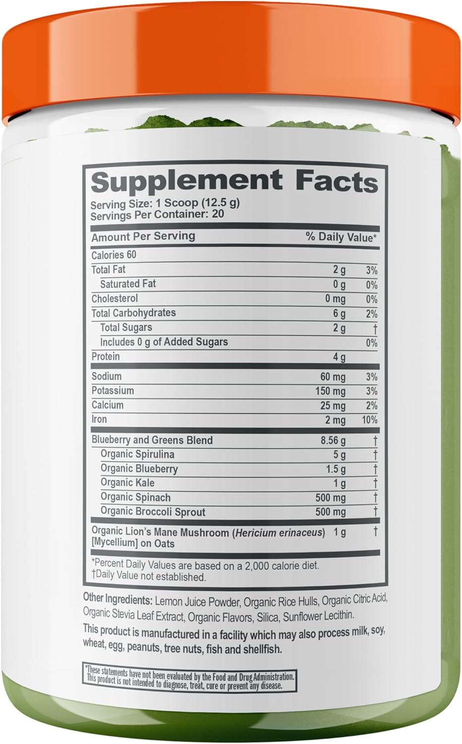 Organic Super Greens Superfood Powder with Nootropic Benefits - Spirulina, Lion's Mane, Kale, Spinach & Antioxidants - Boost Energy & Immunity