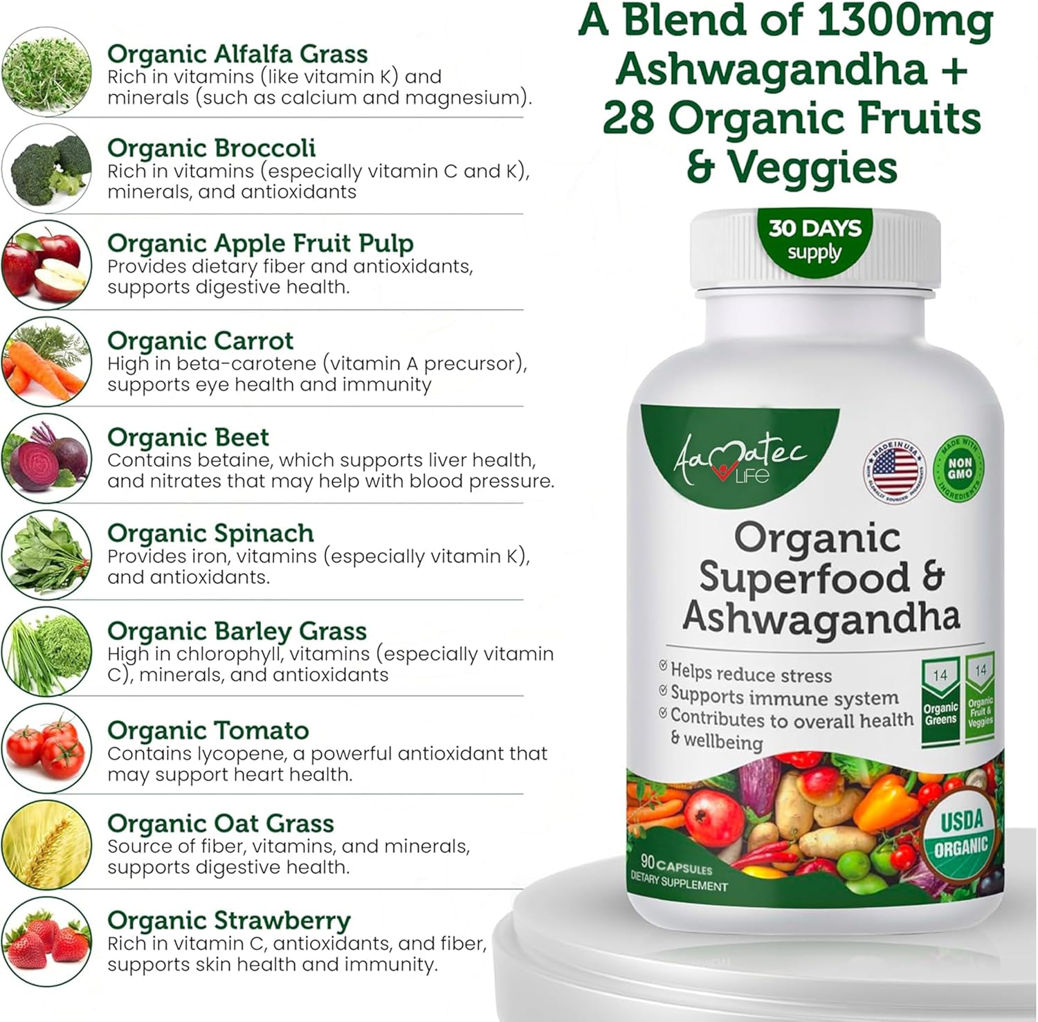Organic Superfood Greens Fruits Veggies Complex with Ashwagandha - Antioxidant Rich 2-in-1 Supplement - Non-GMO 90 Capsules