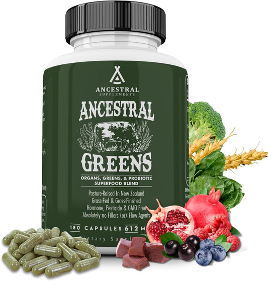 Organic Superfood Greens & Reds Blend Capsules with Grass Fed Beef Organs, Probiotics, Non GMO - 180 Count