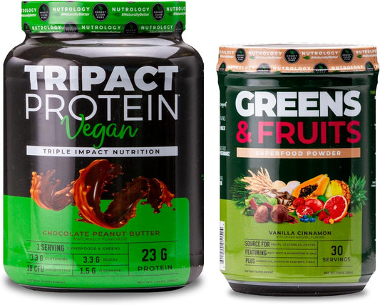 Organic Superfood Powder with Greens & Fruits, Vanilla Cinnamon Flavor - 30 Servings Vegan Protein Powder in Chocolate Peanut Butter - 20 Servings