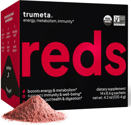 Organic Superfood Reds Powder Packs for Immune Support and Memory - Antioxidant Polyphenols Blend with Acai Berry, Goji Berry, Pomegranate - 14 Sachets