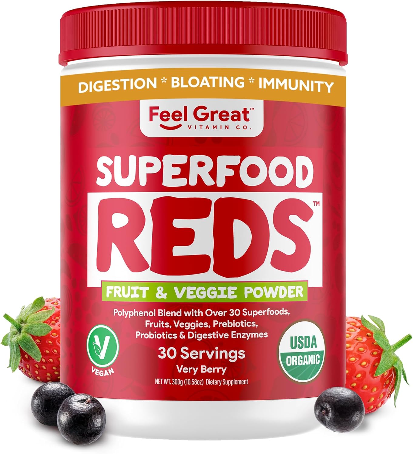 Organic Superfood Reds Powder with Beet Root for Digestive Support and Bloating Relief - Fruit and Veggie Polyphenols Supplement by Feel Great Vitamin Company